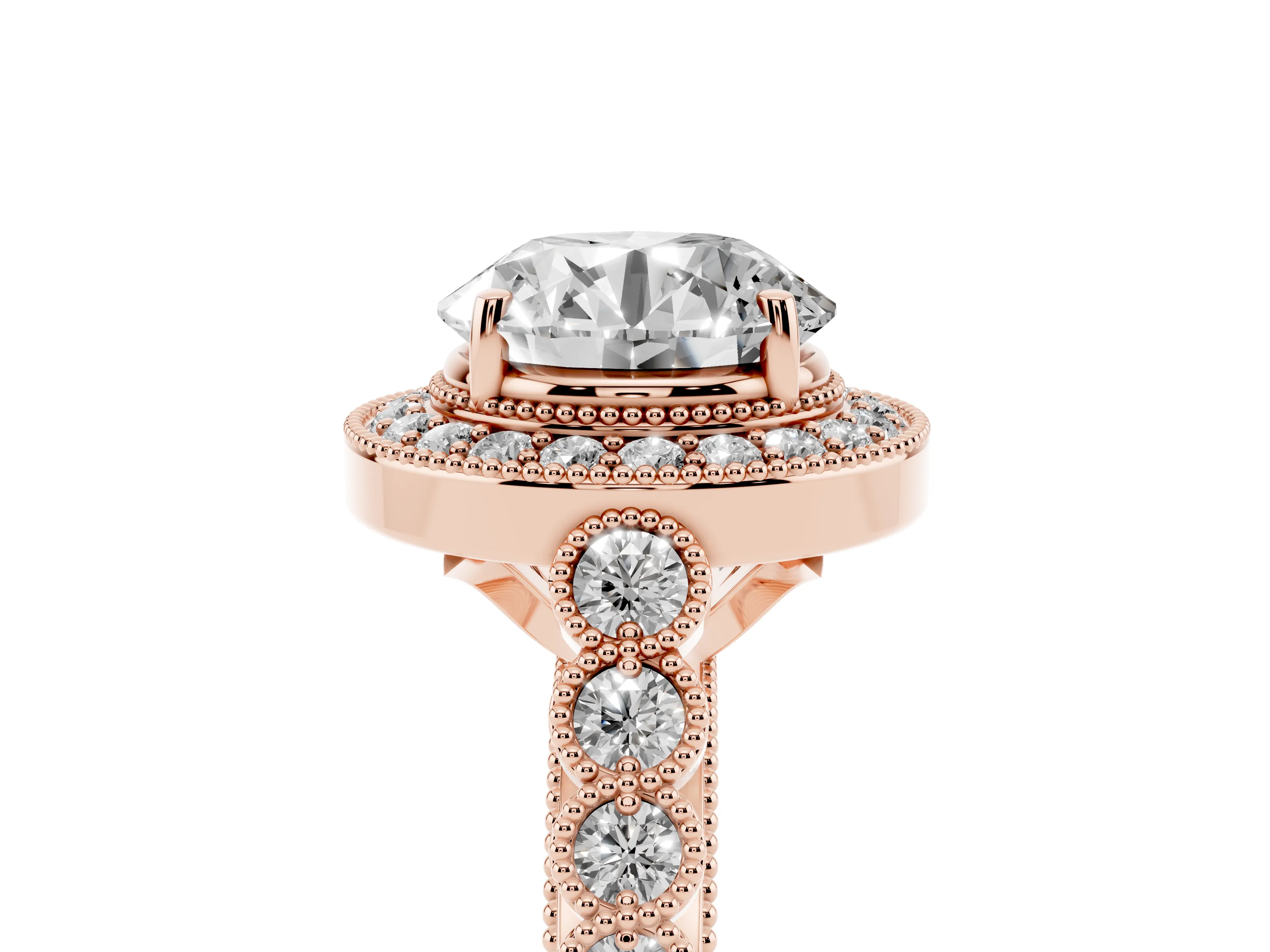 Round Cut Diamond Milgrain Halo Solitaire Ring Set in Rose gold with Bezel Set Side Stones and Pavé Band