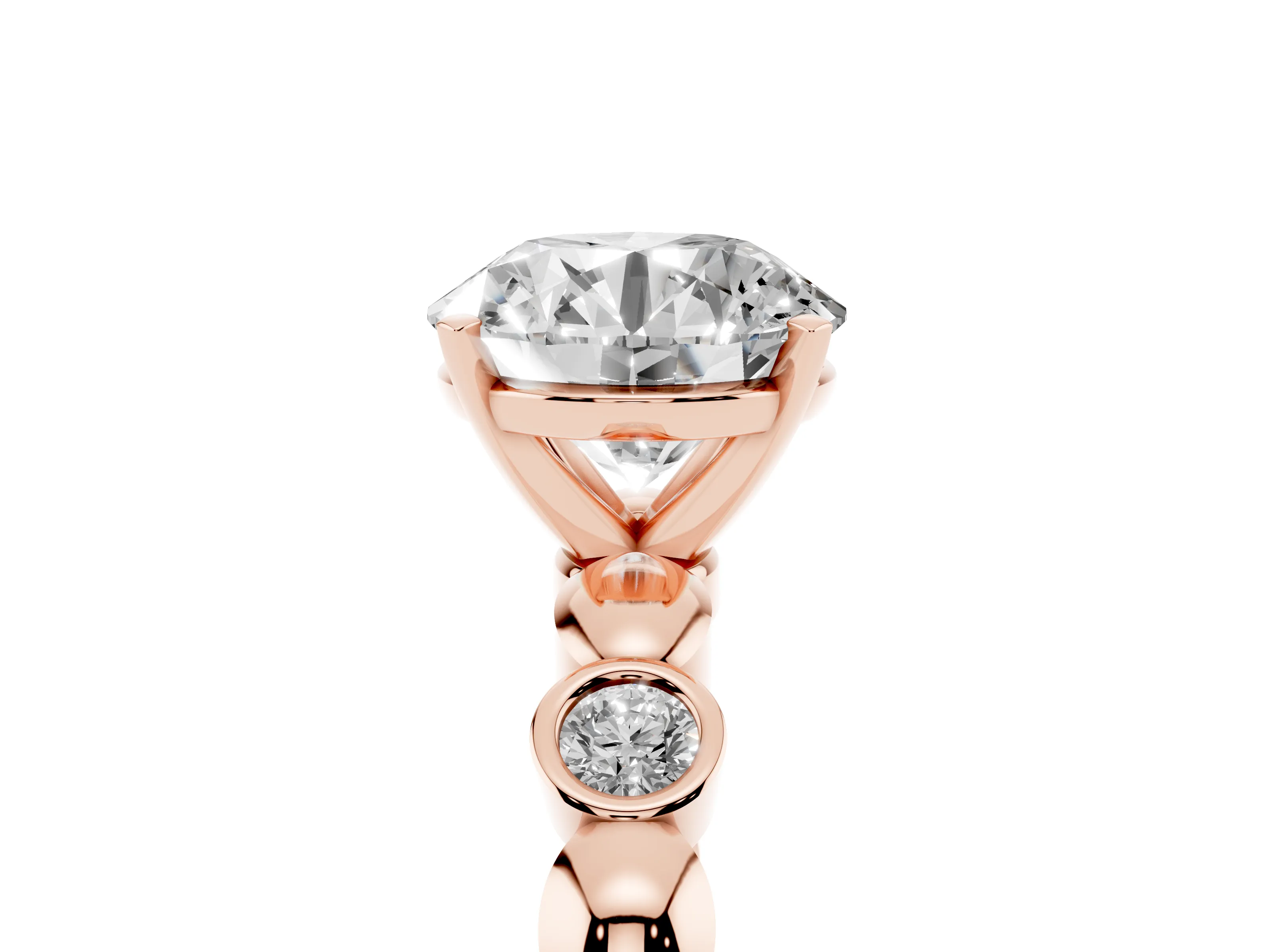 Round Cut Diamond Solitaire Ring Set in Rose gold with Bezel-Set Accents on Beaded Band and Prong Setting