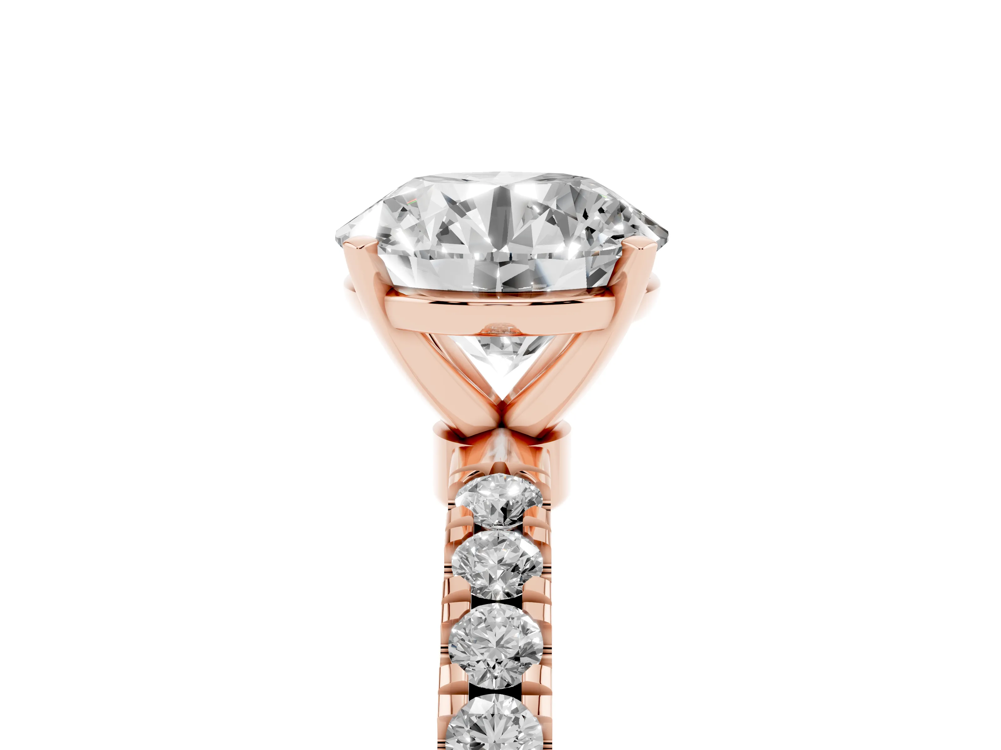 Round Cut Diamond Solitaire Ring Set in Rose gold with Pavé Accents and Prong Setting