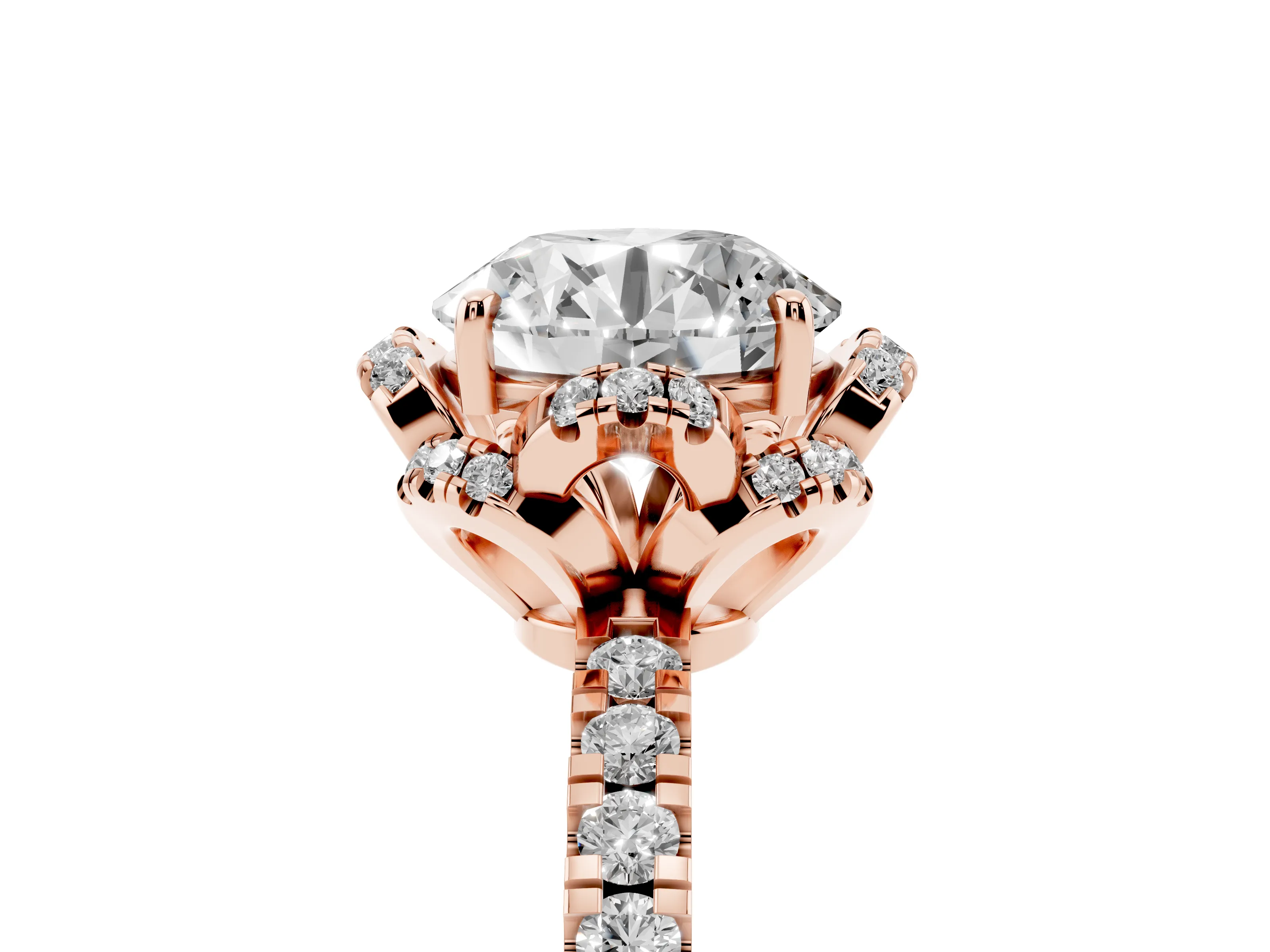 Round Cut Diamond Halo Pavé Band Ring Set in Rose gold with Prong-Held Center