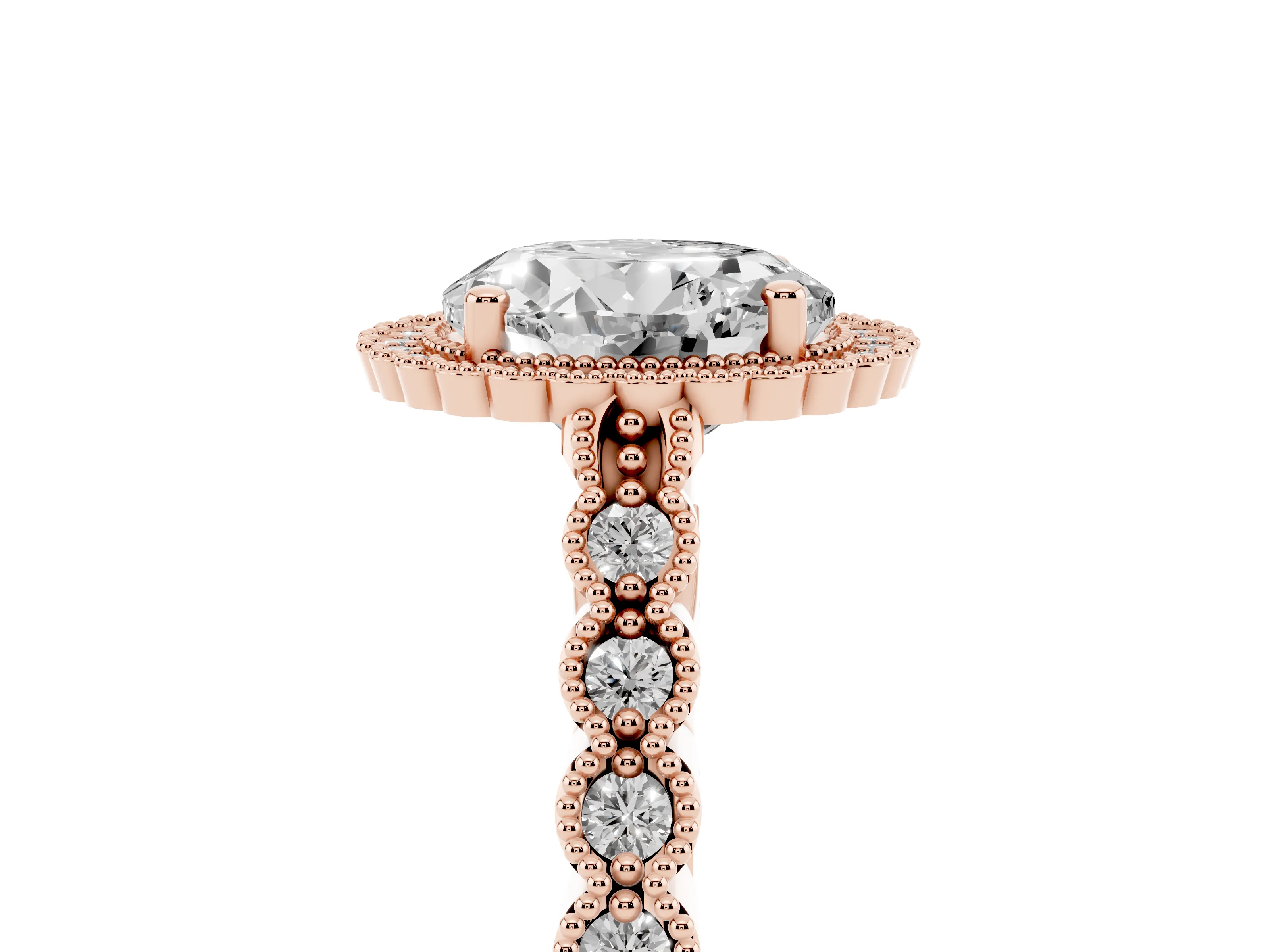Round Cut Diamond Halo Ring Set in Rose gold with Pavé Milgrain Band