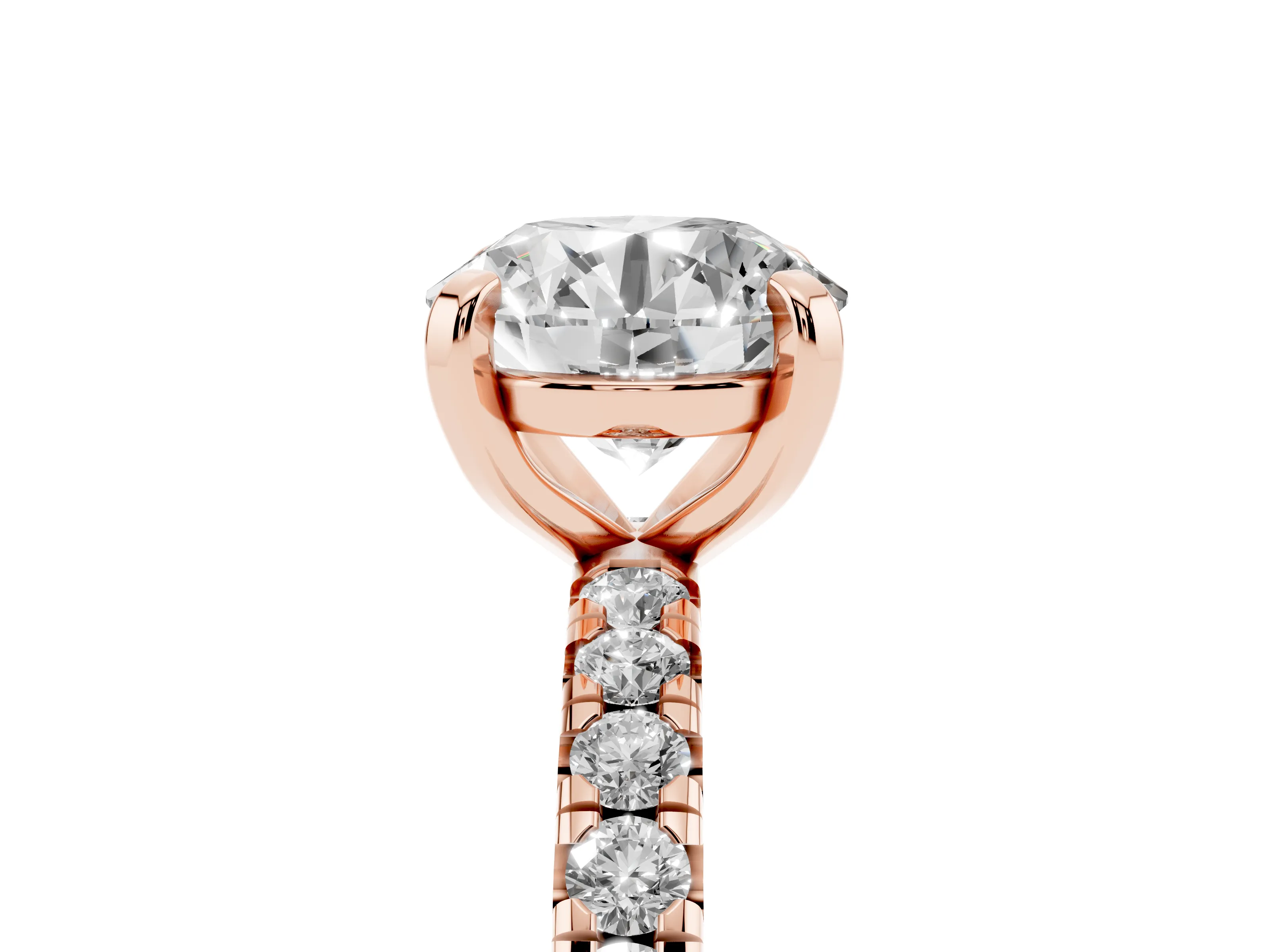 Round Cut Diamond Pavé Solitaire Ring Set in Rose gold with Round Band and Prong Setting