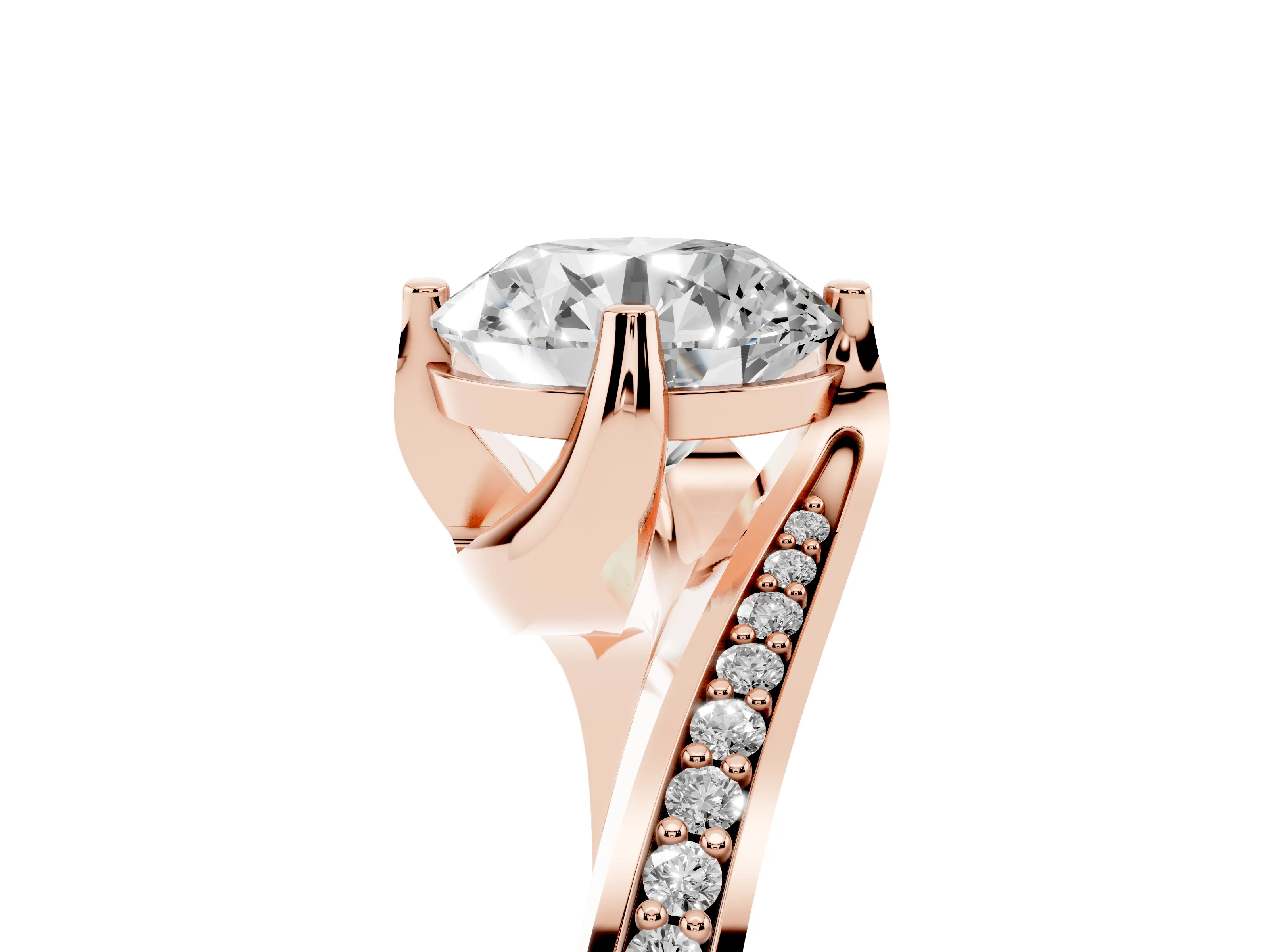 Round Cut Diamond Solitaire Ring Set in Rose gold with Intertwined Pavé Twist Band