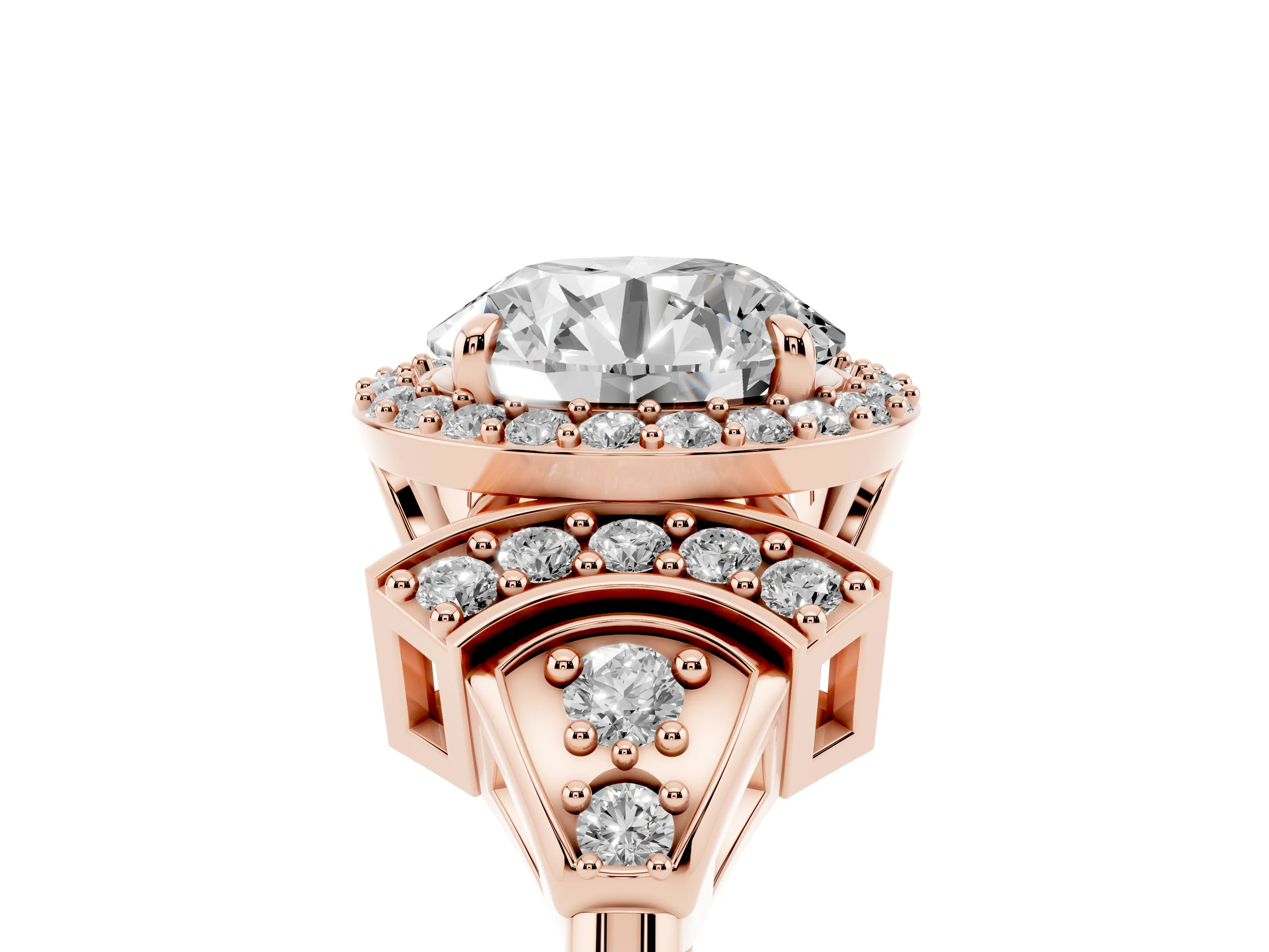 Round Cut Diamond Halo Engagement Ring Set in Rose gold with Accent Stone Split Shank
