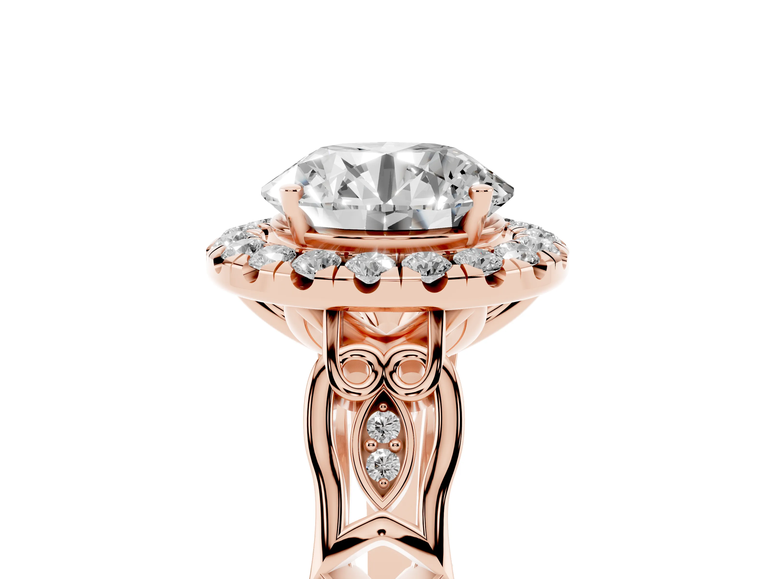 Round Cut Diamond Halo Engagement Ring Set in Rose gold with Filigree Band and Prong-Set Center
