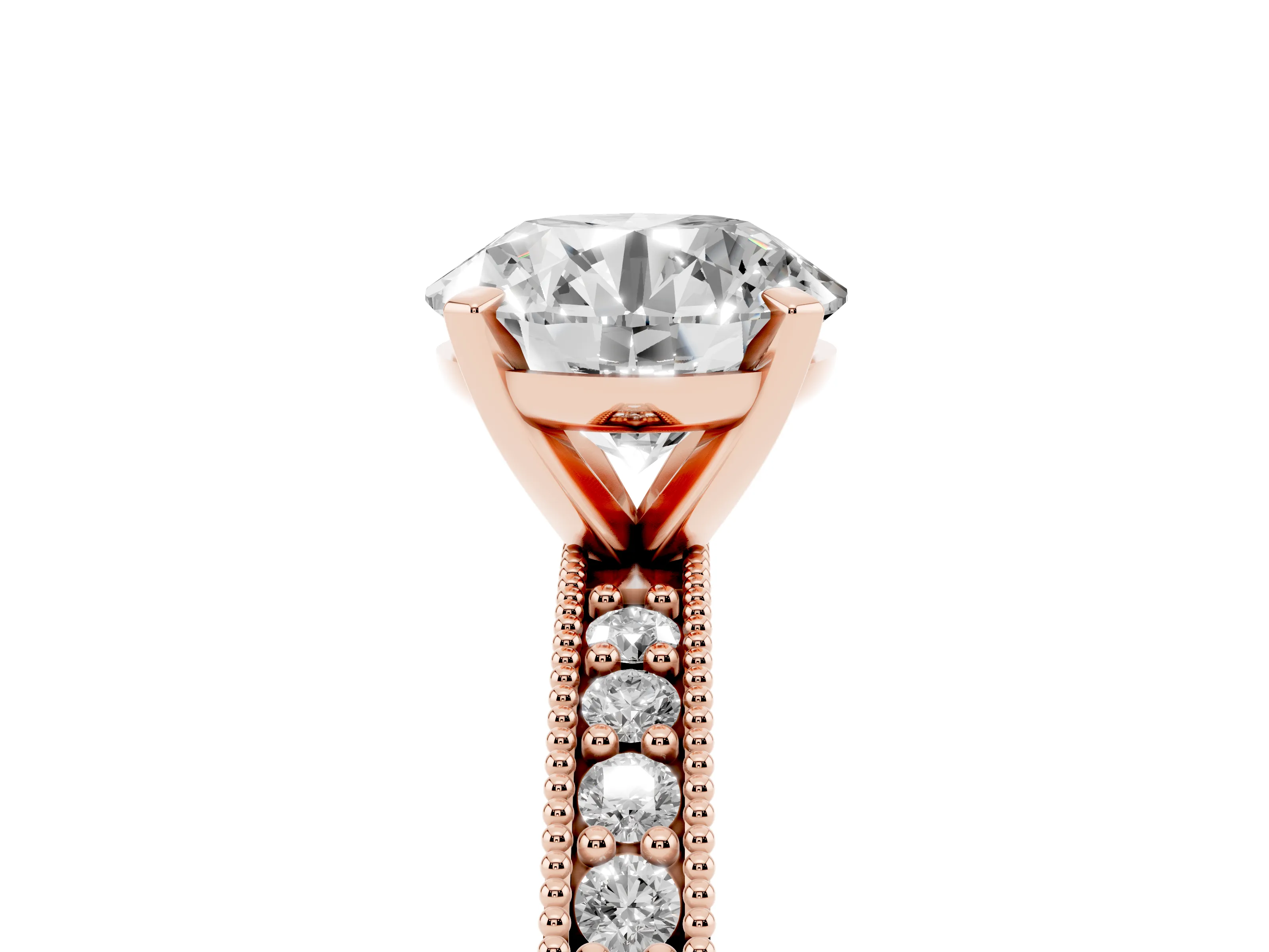 Round Cut Diamond Milgrain Pavé Engagement Ring Set in Rose gold with Prong Setting