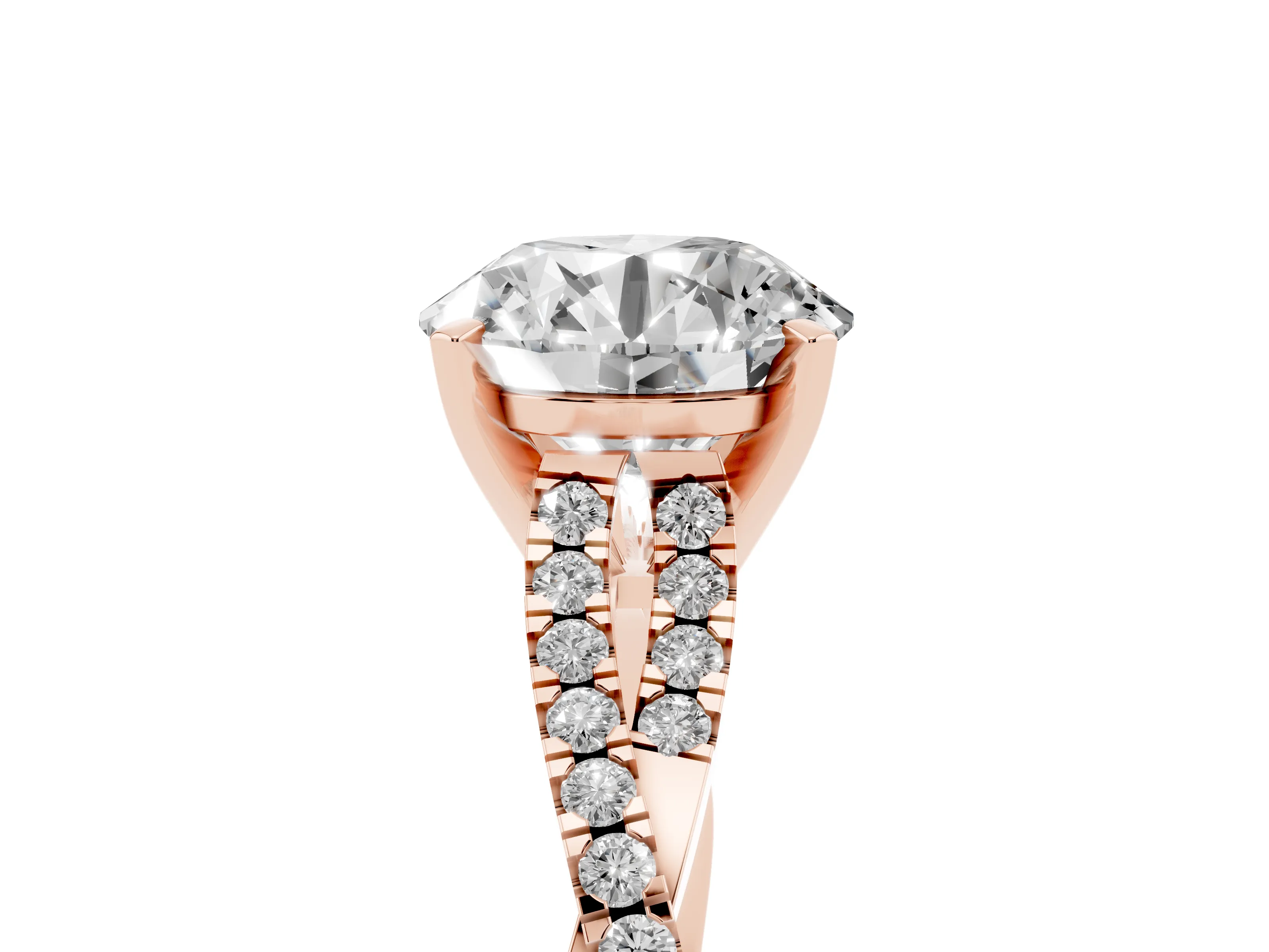 Round Cut Diamond Solitaire Engagement Ring Set in Rose gold with Twisted Pavé Band and Prong Setting