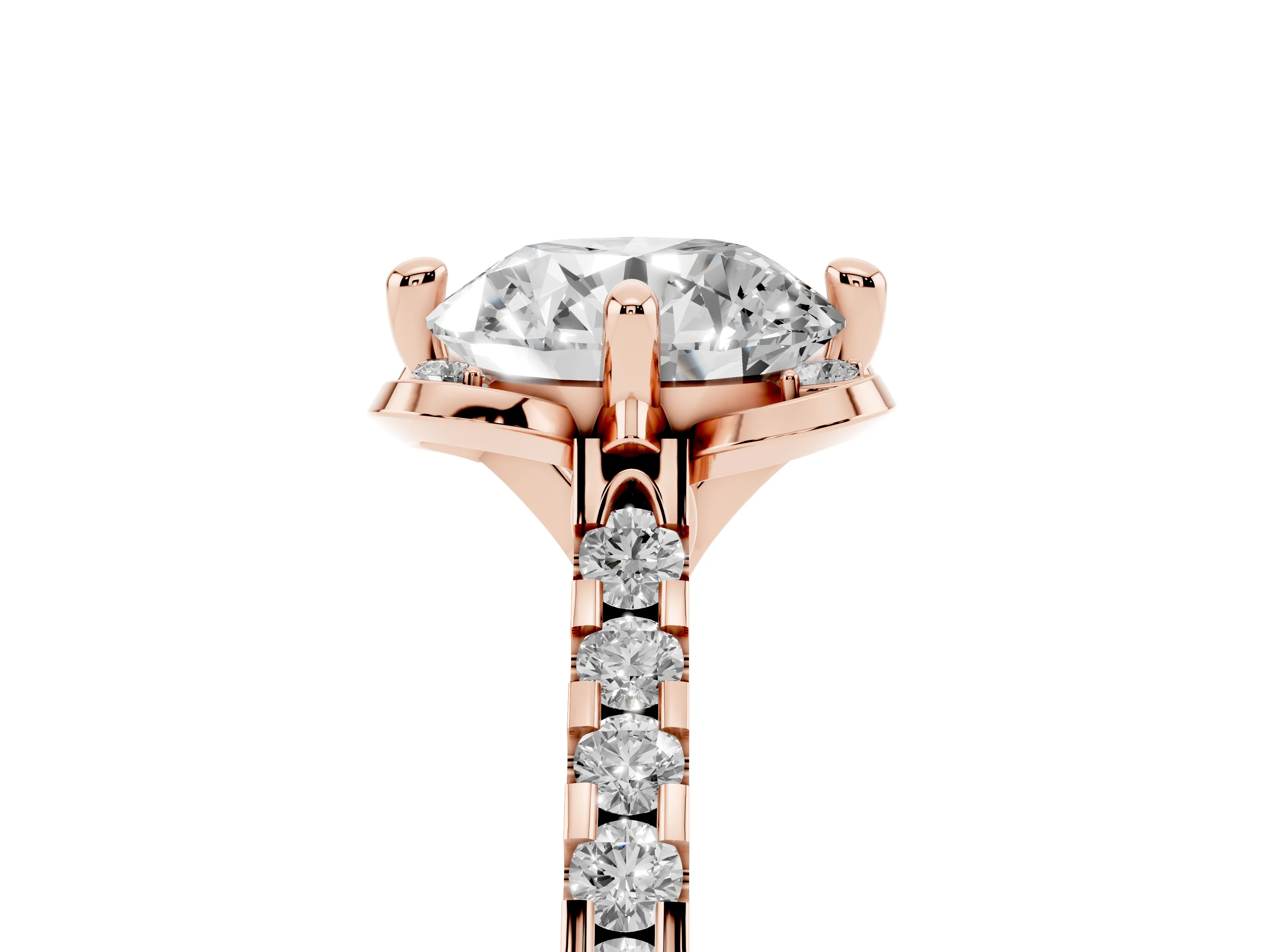Round Cut Diamond Solitaire Ring Set in Rose gold with Pavé Band and Floral Prong Setting
