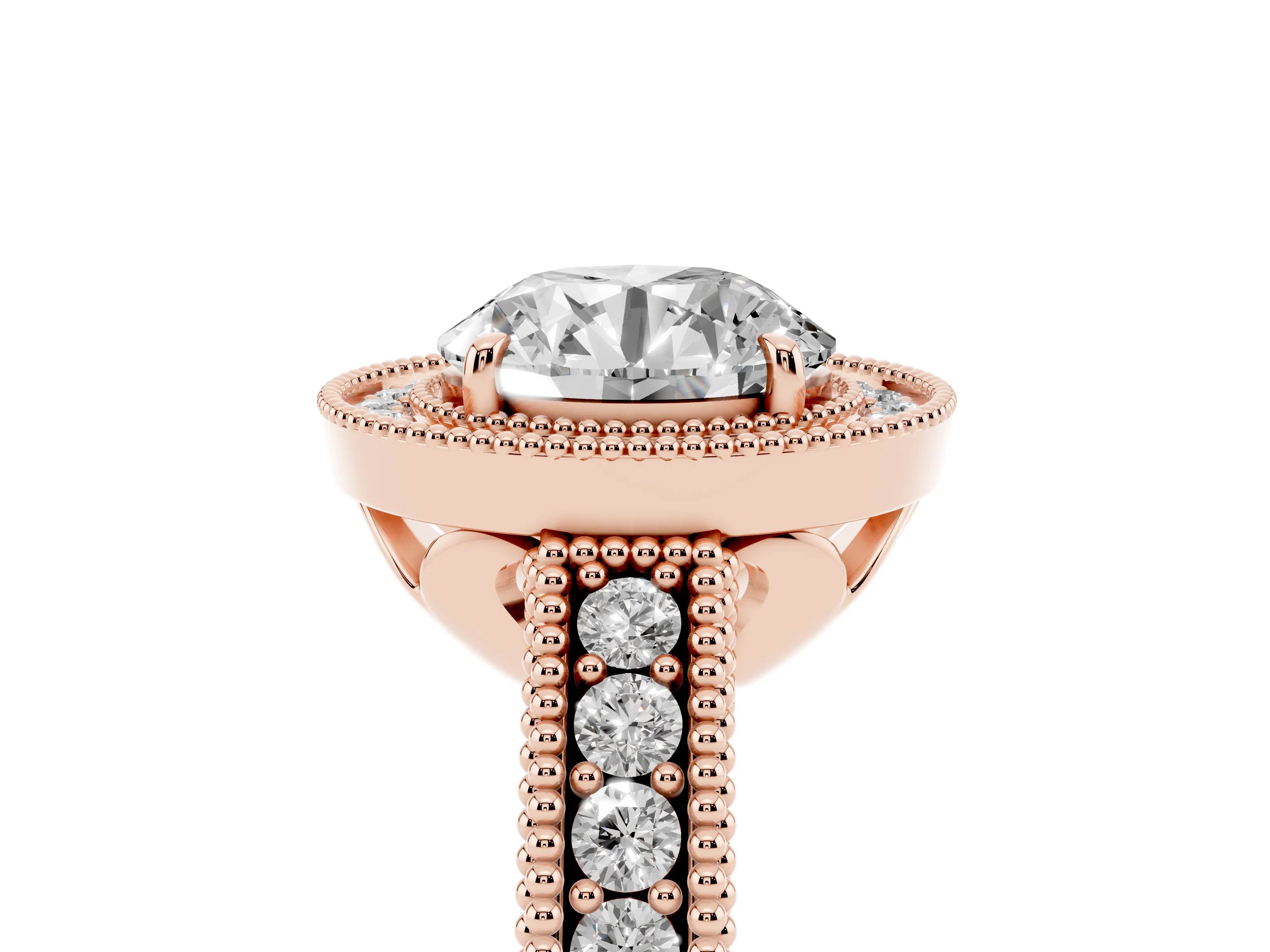 Round Cut Diamond Halo Ring Set in Rose gold with Round Accent Halo, Pavé Band and Prong Setting