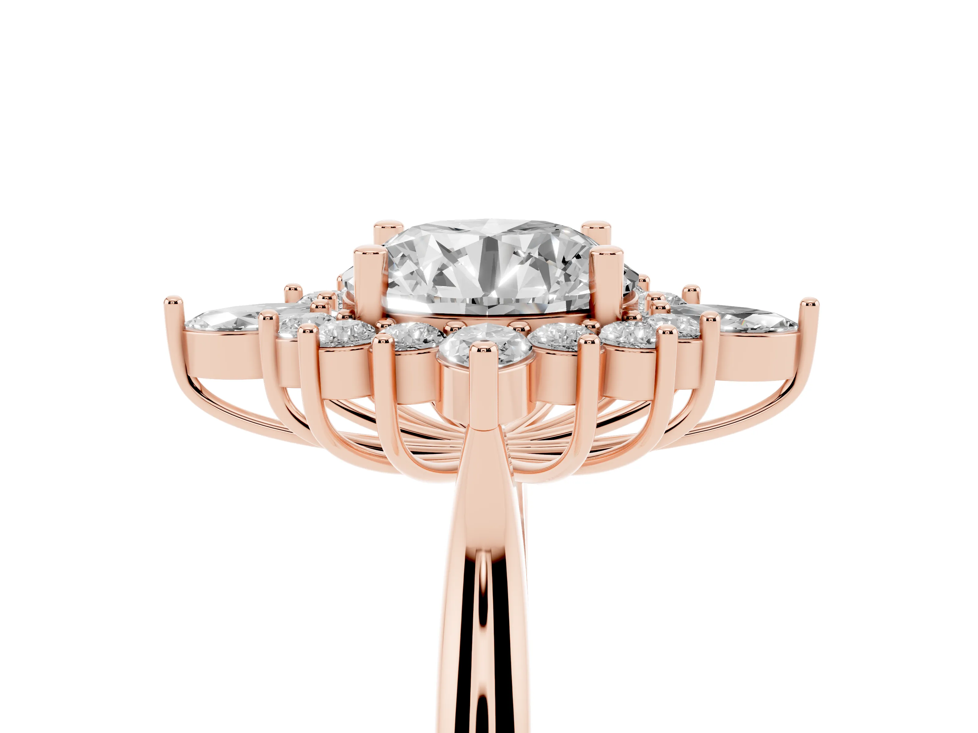 Round Cut Diamond Cluster Halo Ring Set in Rose gold with Marquise and Round Accents