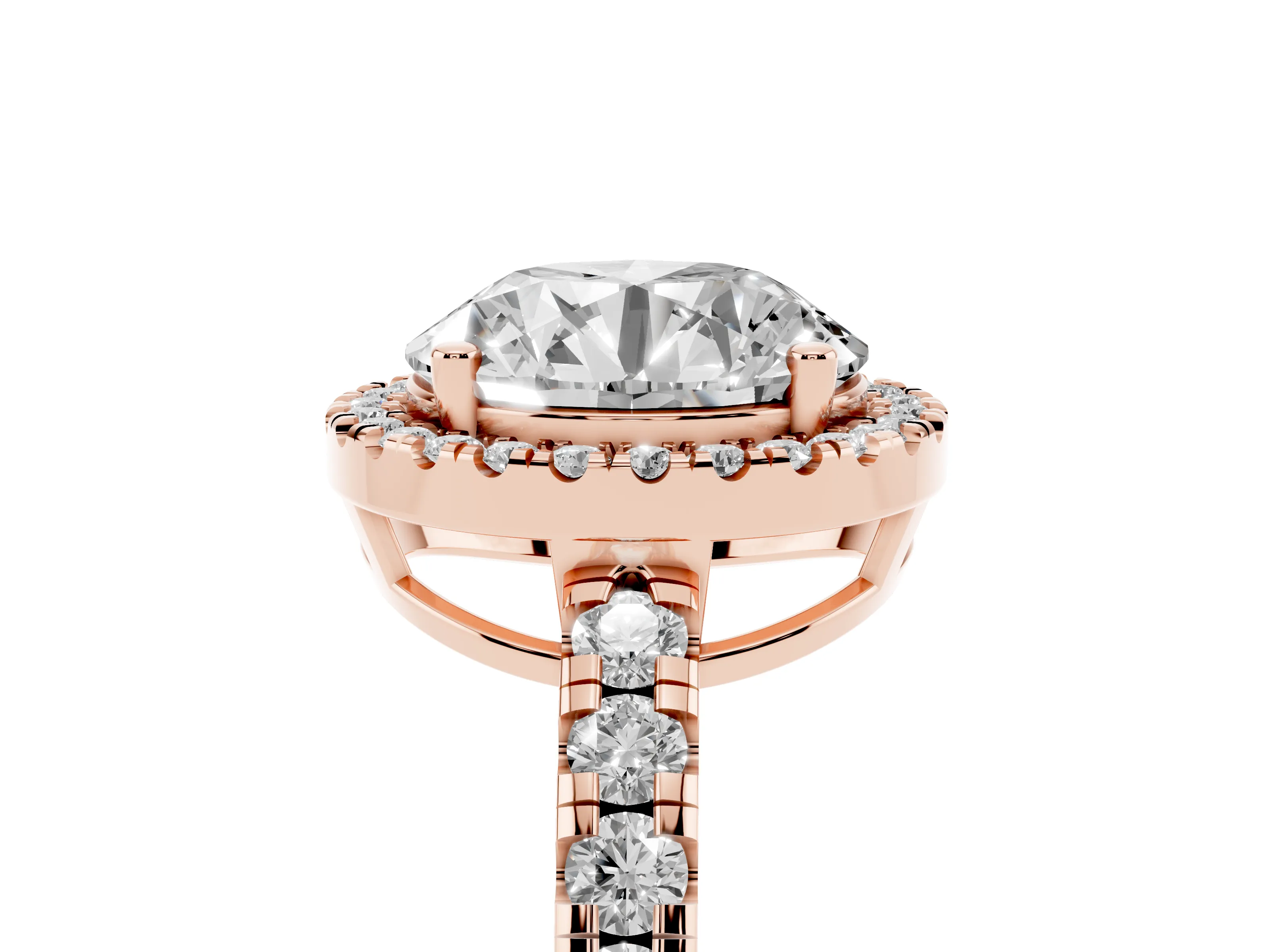 Round Cut Diamond Halo Ring Set in Rose gold with Delicate Pavé Band and Prong Setting