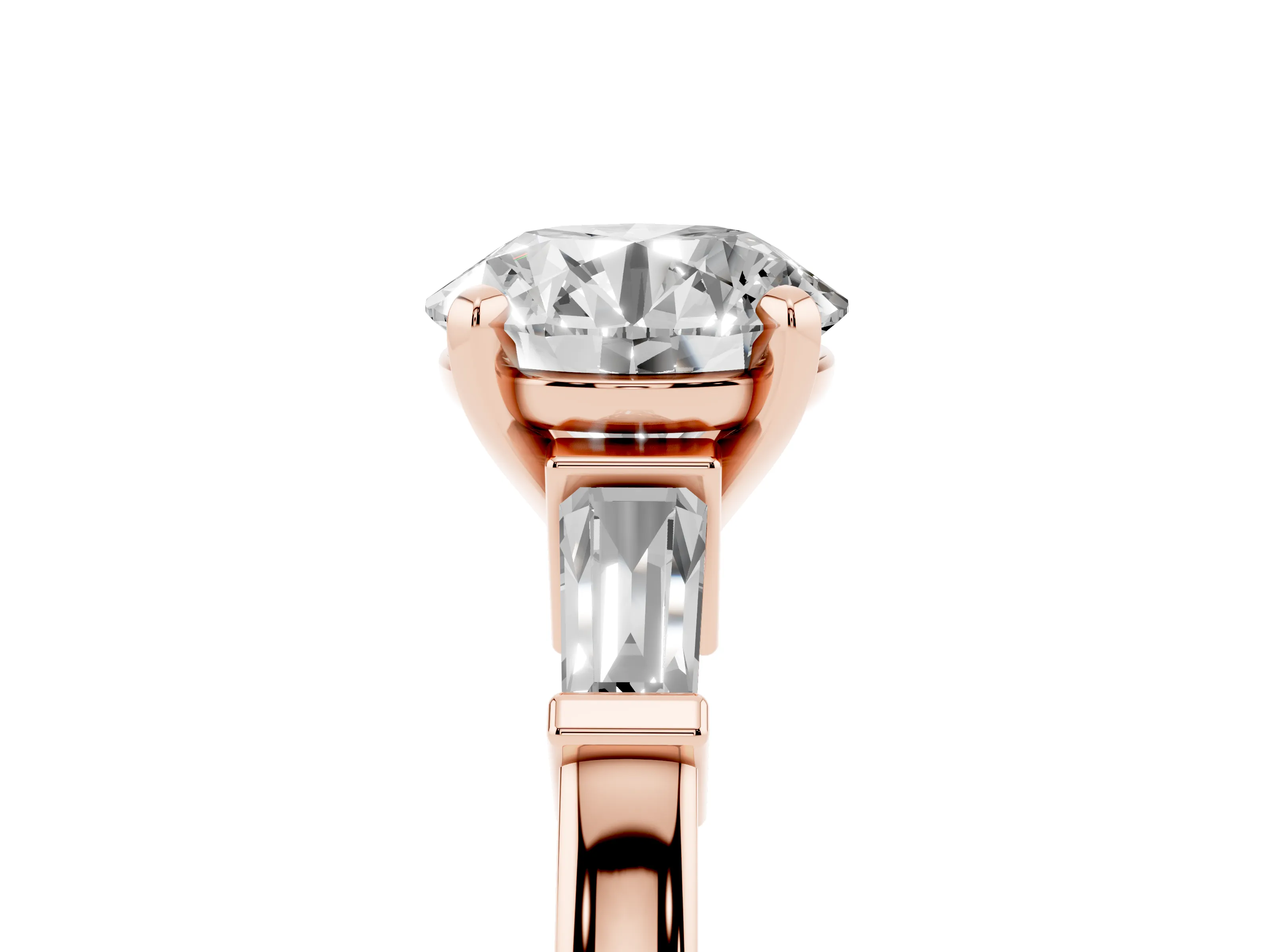 Round Cut Diamond Solitaire Ring Set in Rose gold with Tapered Baguette Accents and Prong Setting
