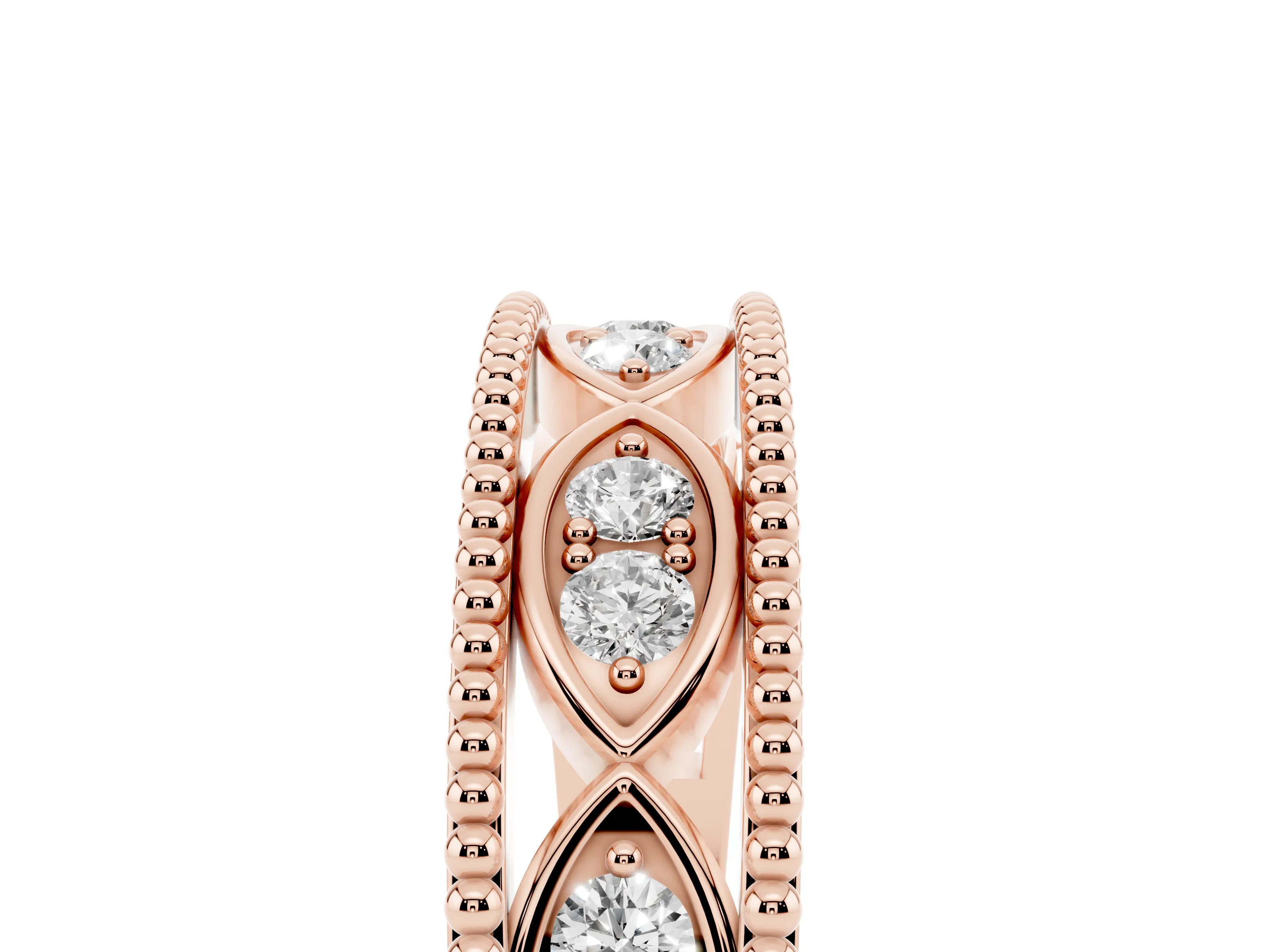 Round Diamond Marquise Shape Band Set in Rose gold with Milgrain Detail and Prong Setting
