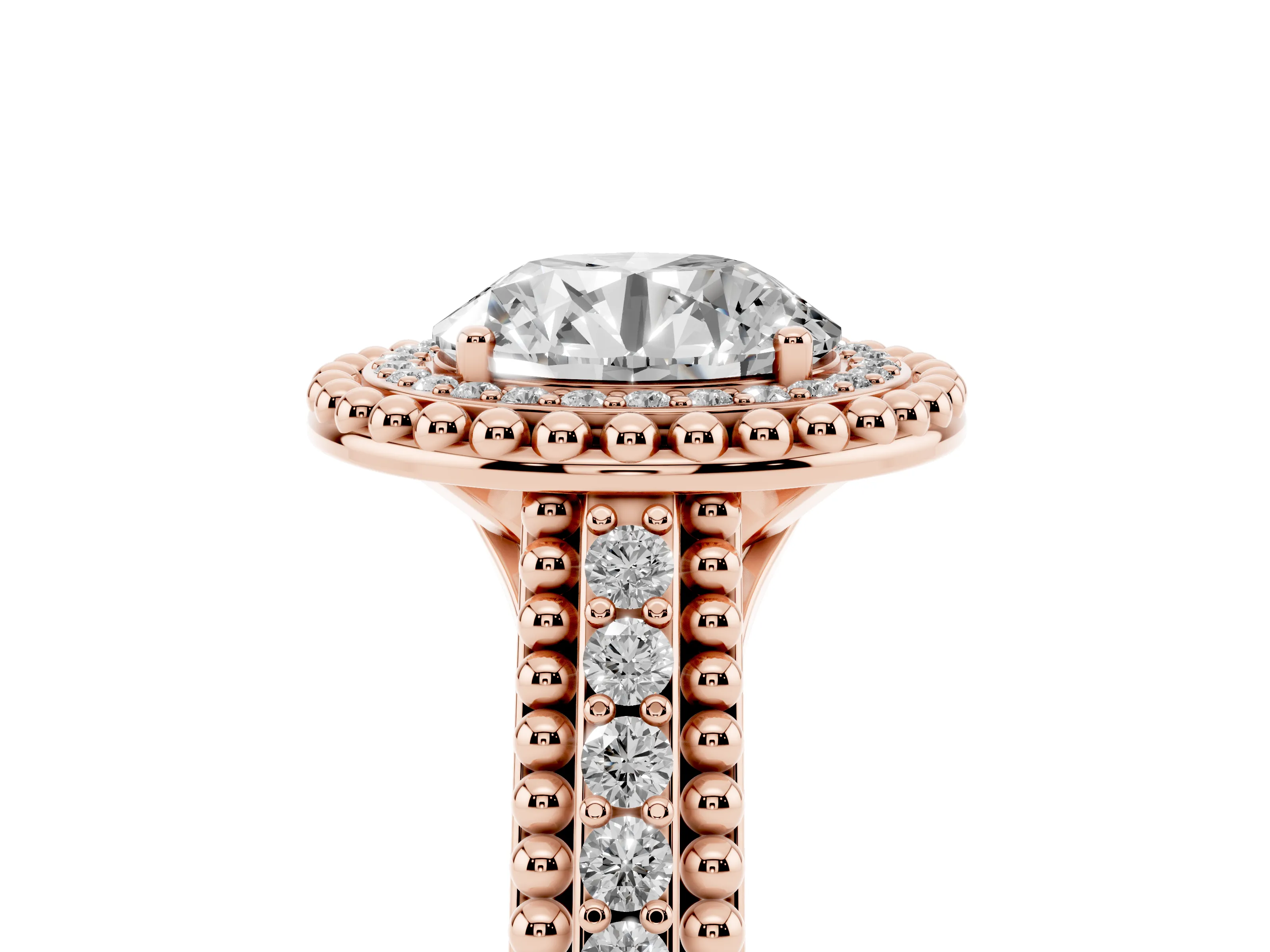Round Cut Diamond Halo Ring Set in Rose gold with Beaded Split Shank and Prong Setting
