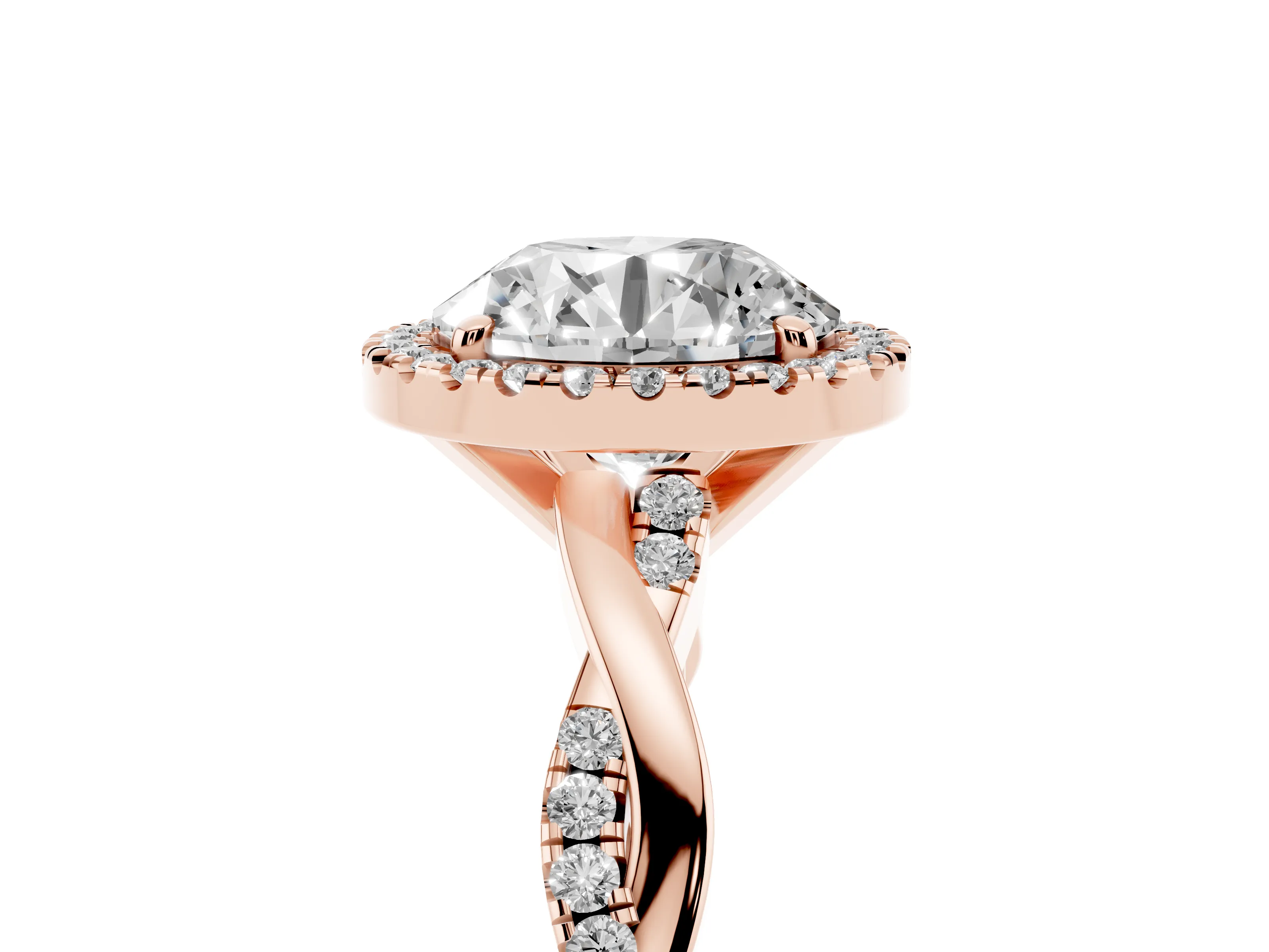 Round Cut Diamond Halo Twisted Band Ring Set in Rose gold with Prong Setting