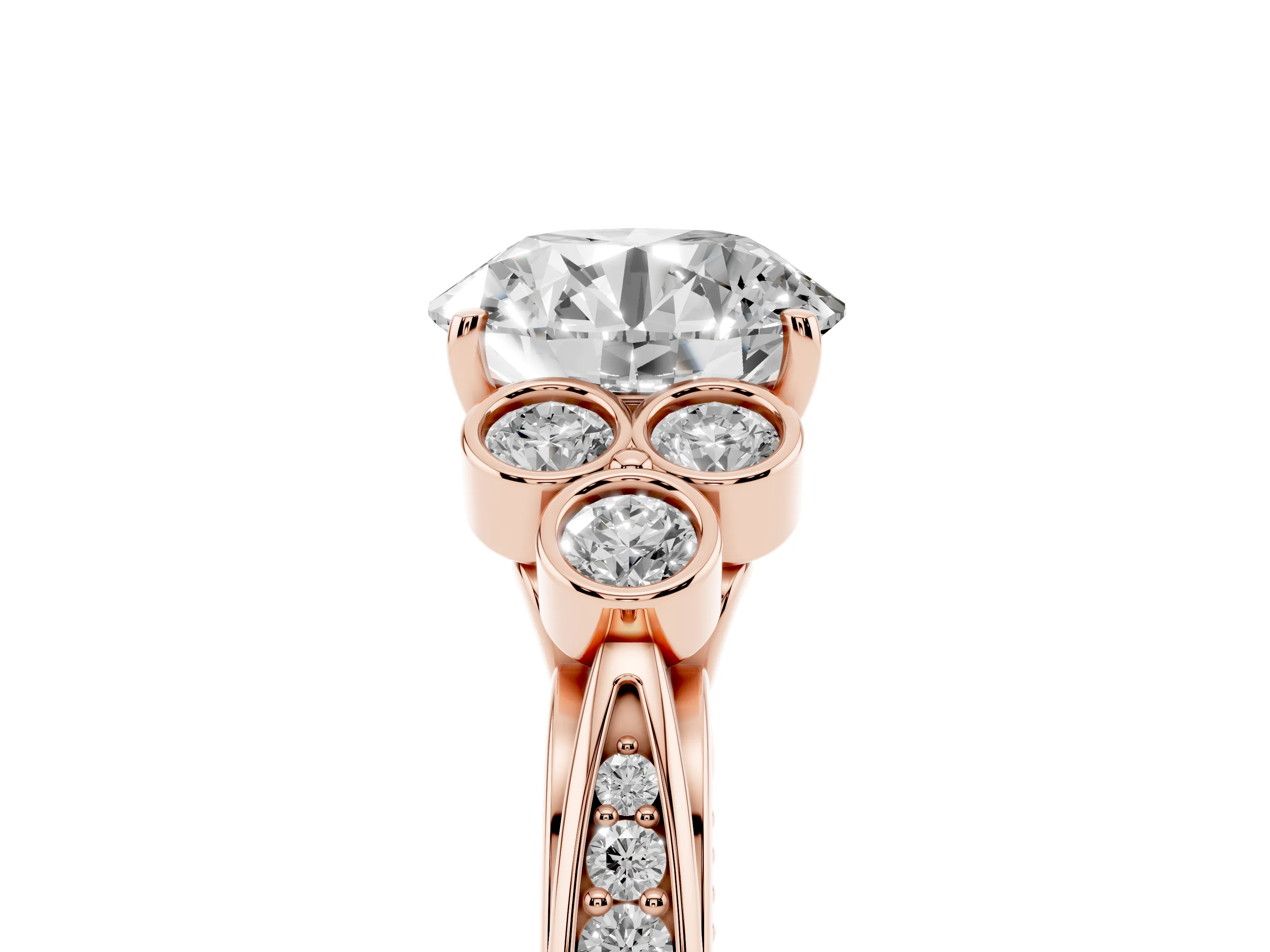 Round Cut Diamond Engagement Ring Set in Rose gold with Bezel Set Round Side Stones and Prong Setting