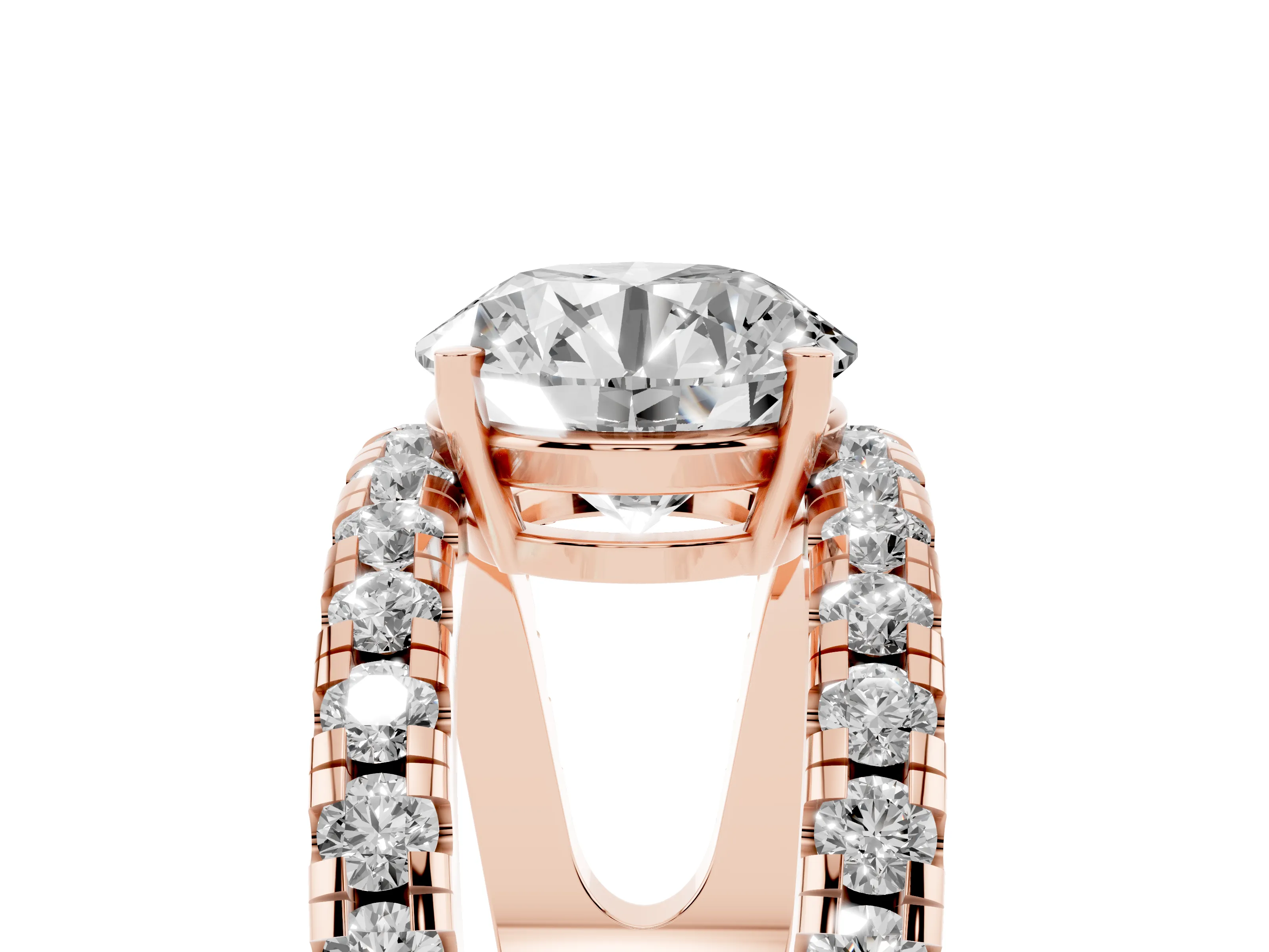 Round Cut Diamond Split Shank Pavé Solitaire Ring Set in Rose gold with Open Shank Design