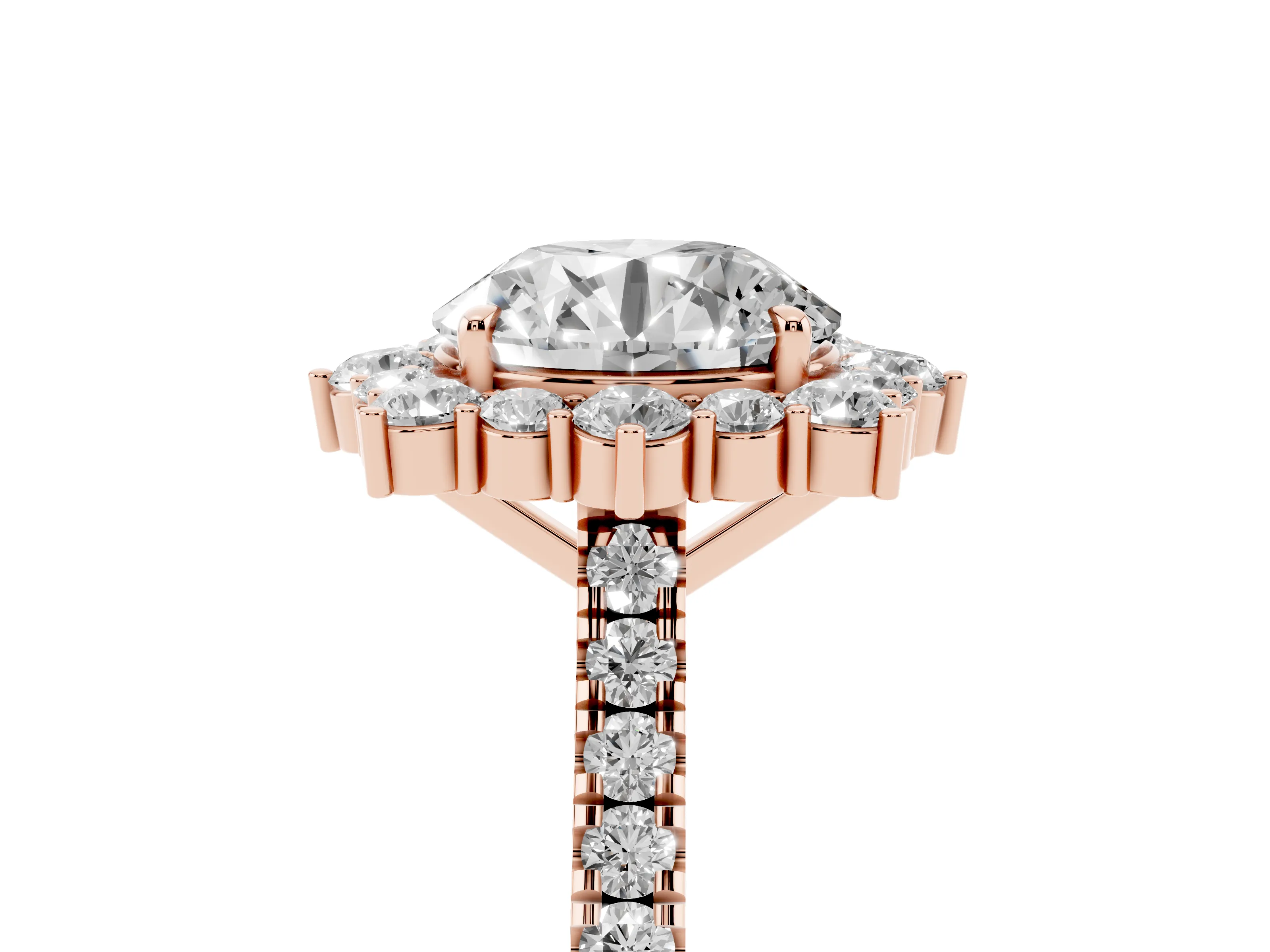 Round Cut Diamond Halo Ring Set in Rose gold with Pavé Band and Prong Setting