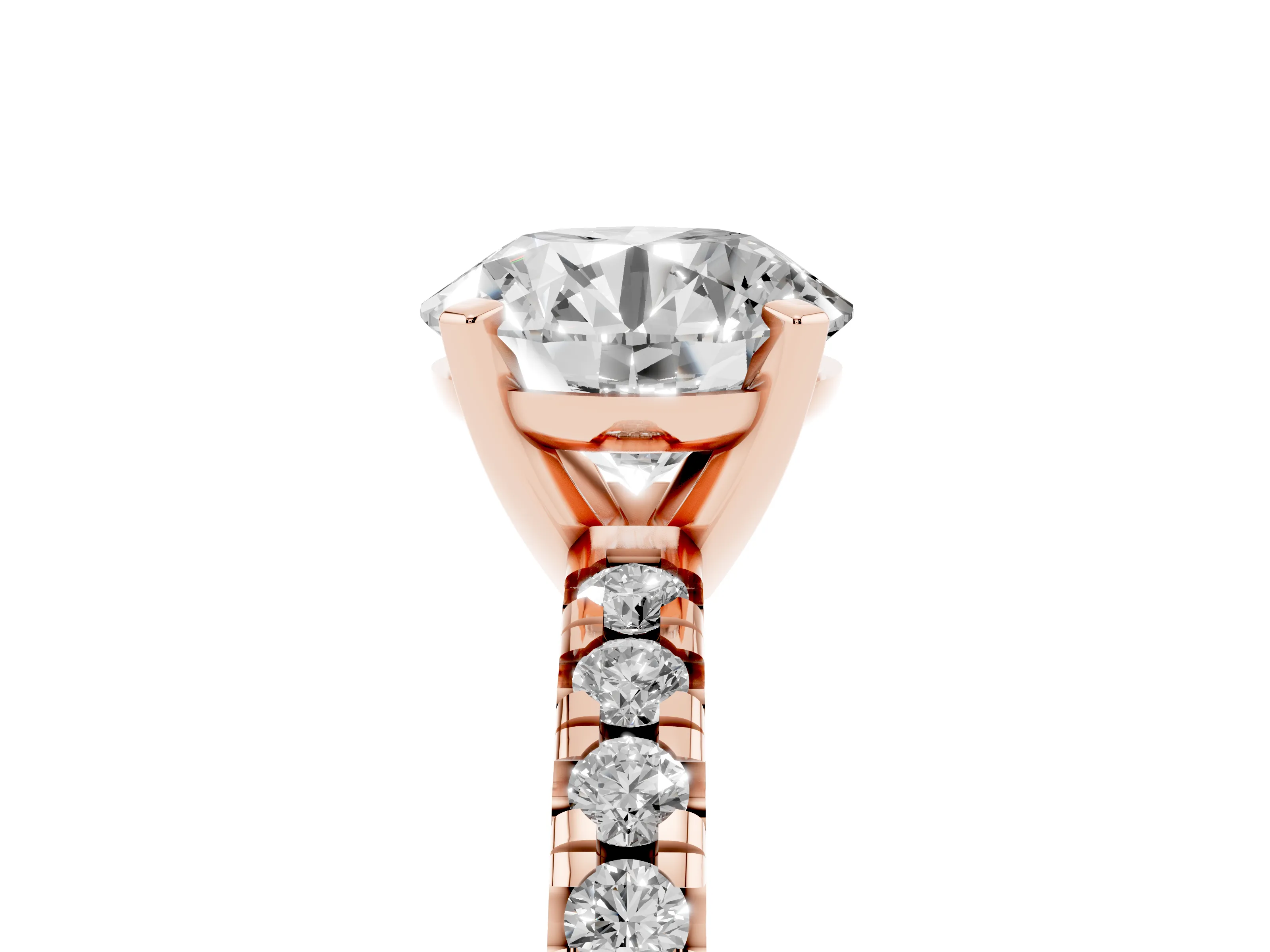 Round Cut Diamond Solitaire Pavé Engagement Ring Set in Rose gold with Round Band and Prong Setting