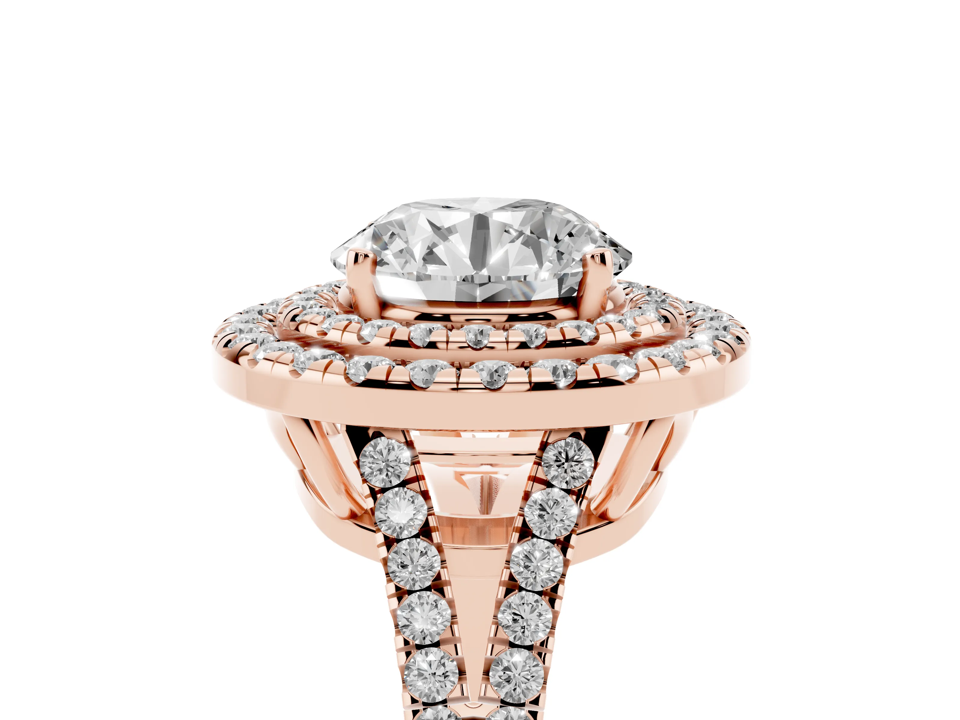 Round Cut Diamond Double Halo Ring Set in Rose gold with Pavé Band