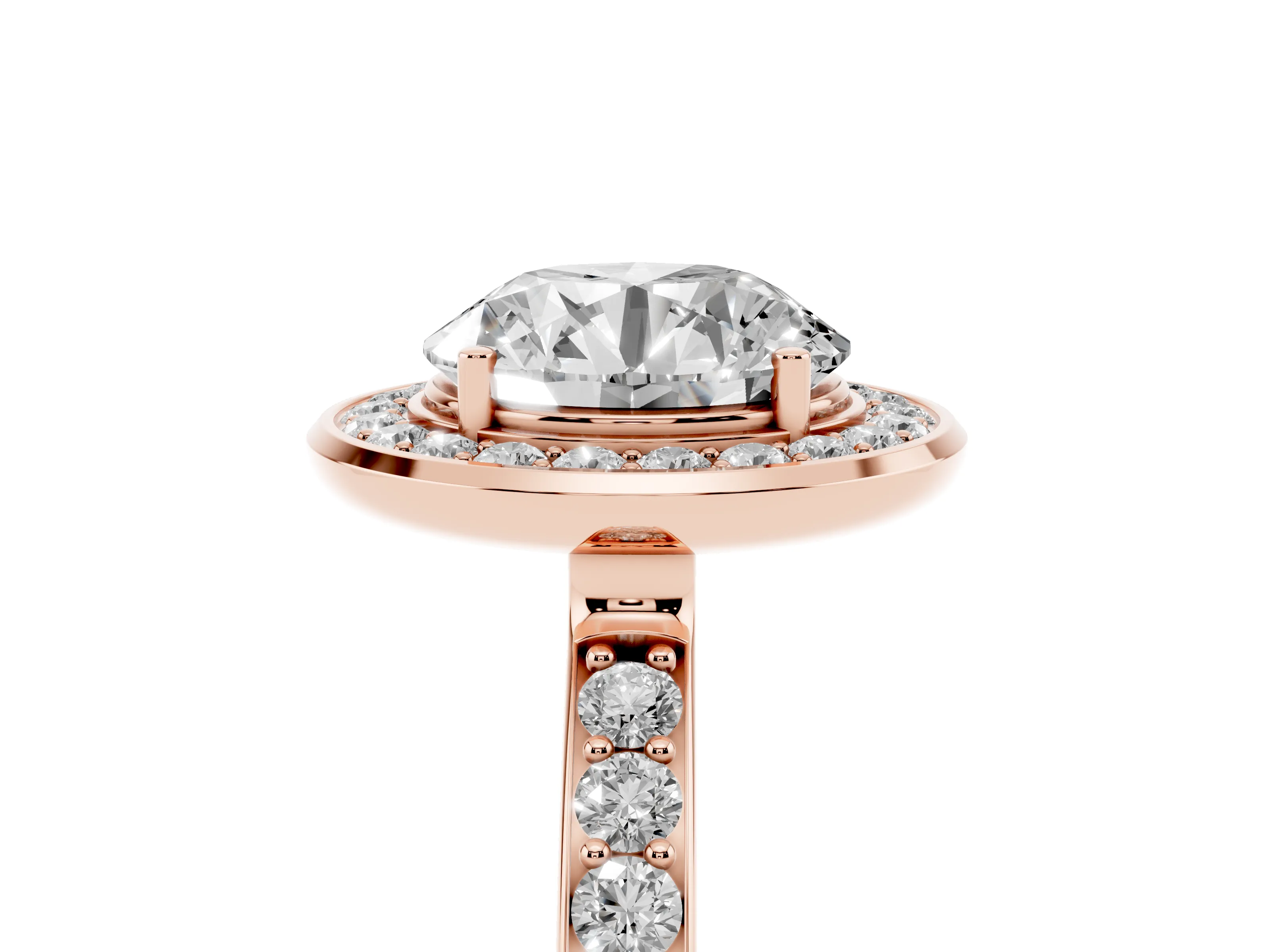 Round Cut Diamond Halo Ring Set in Rose gold with Bezel Frame and Pavé Band
