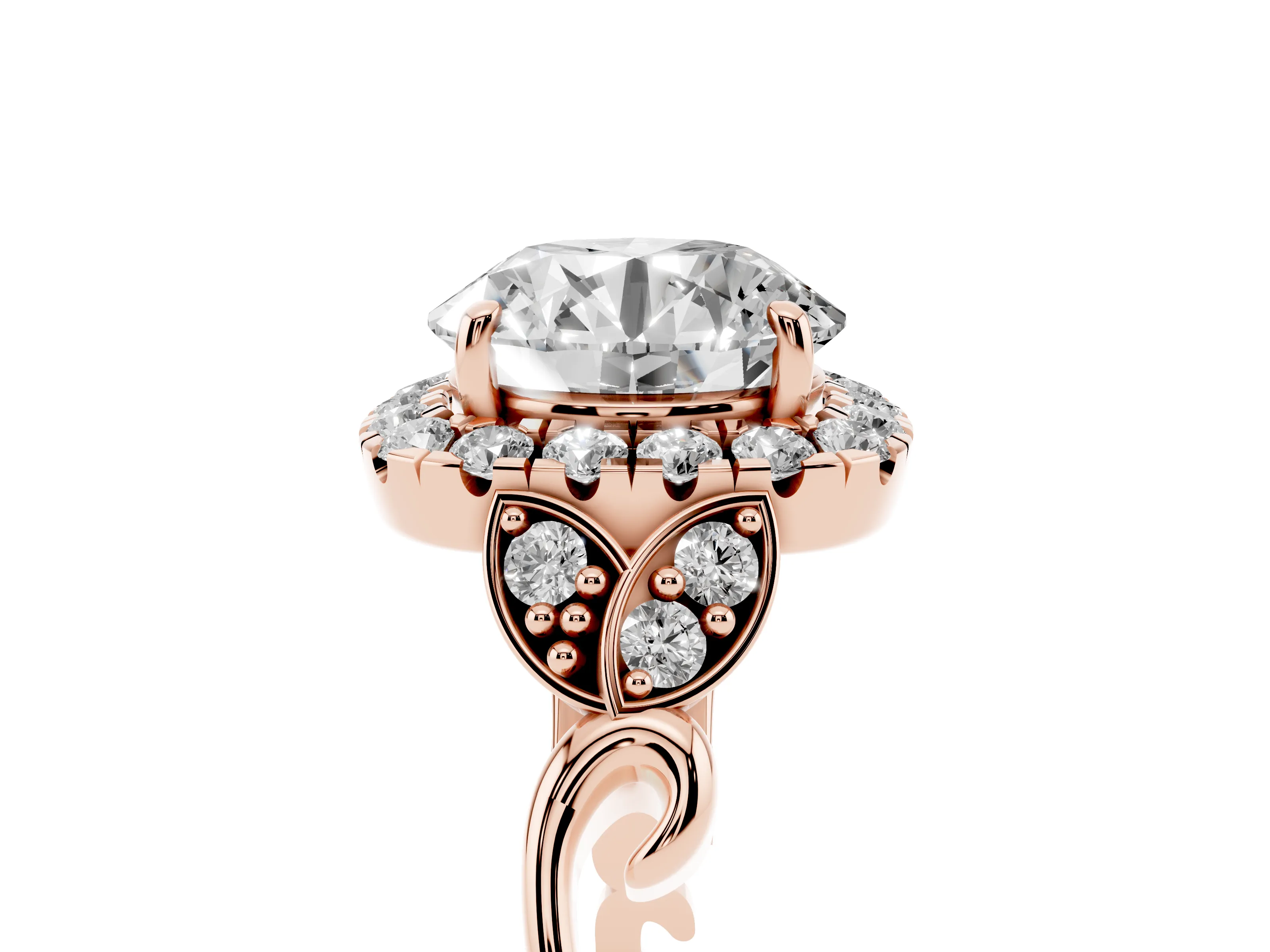 Round Cut Diamond Halo Engagement Ring Set in Rose gold with Vintage-Inspired Band and Prong Setting