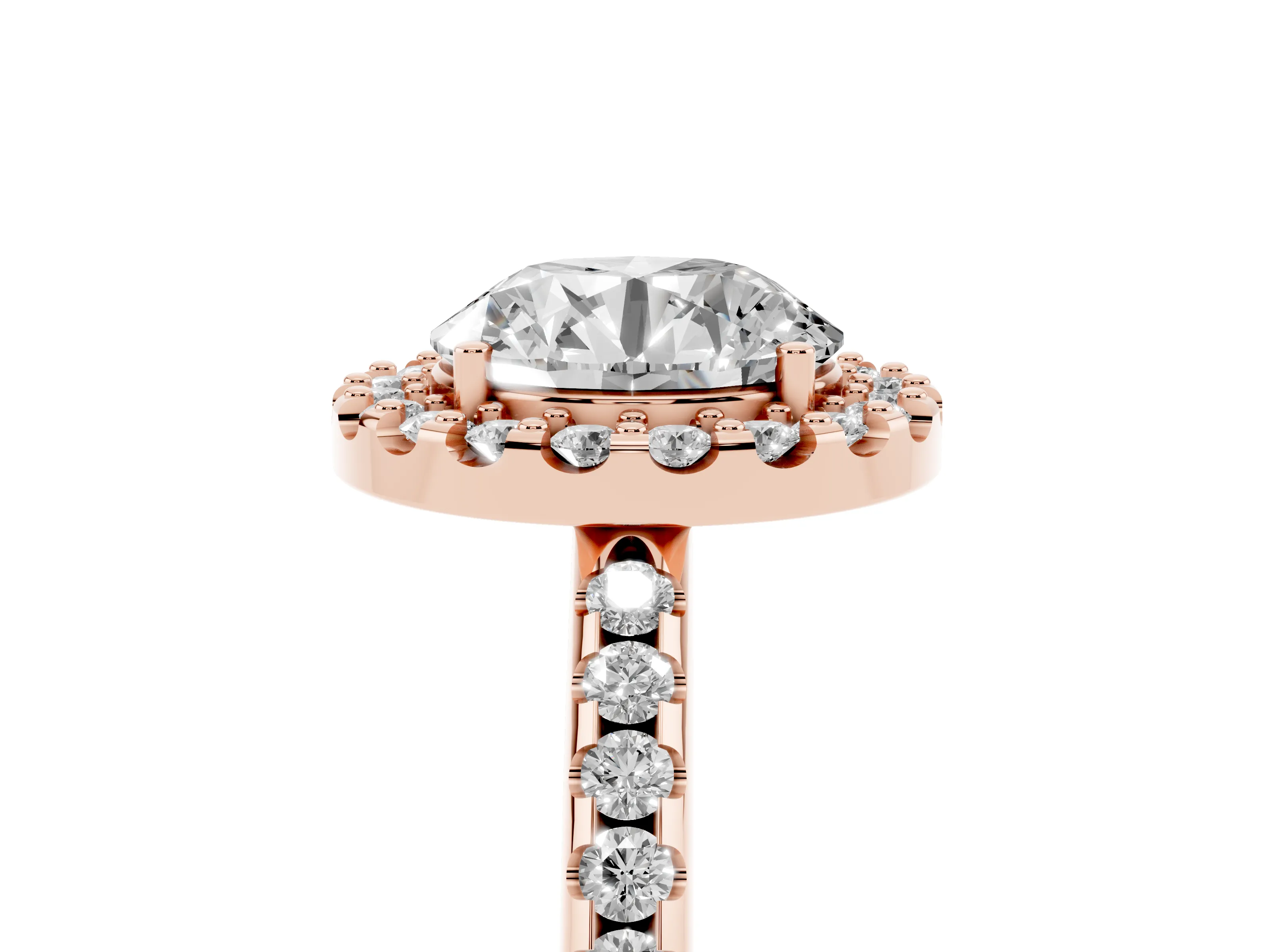 Round Cut Diamond Pavé Halo Ring Set in Rose gold with Prong Setting