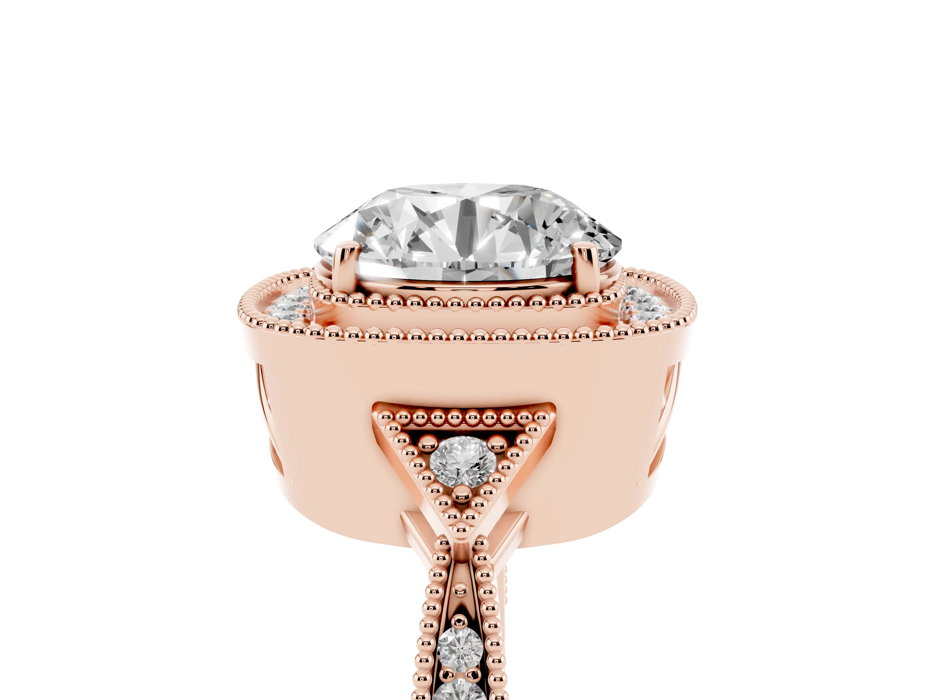Round Cut Diamond Halo Engagement Ring Set in Rose gold with Milgrain Pavé Band