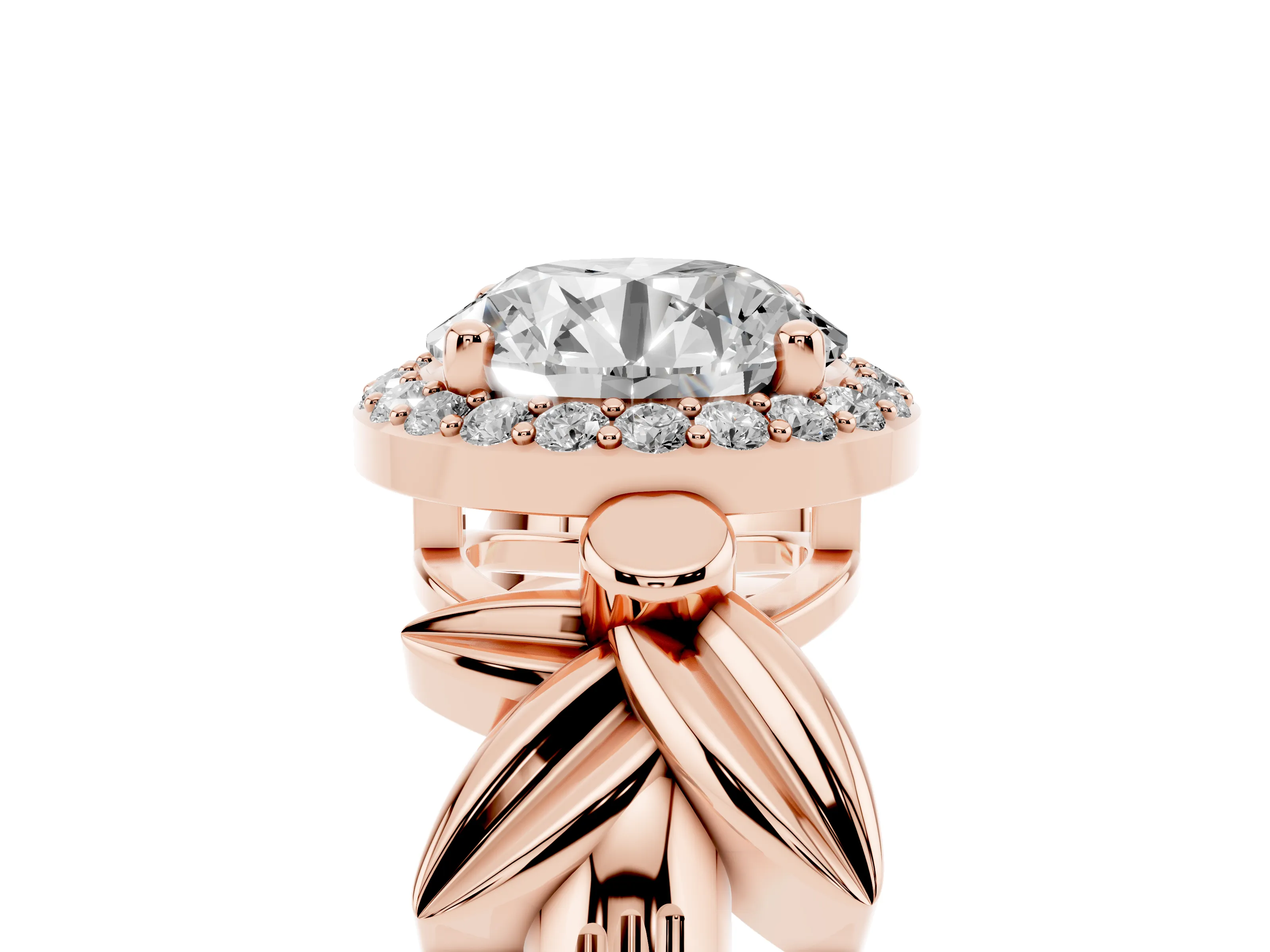 Round Cut Diamond Halo Floral Band Ring Set in Rose gold with Prong Setting