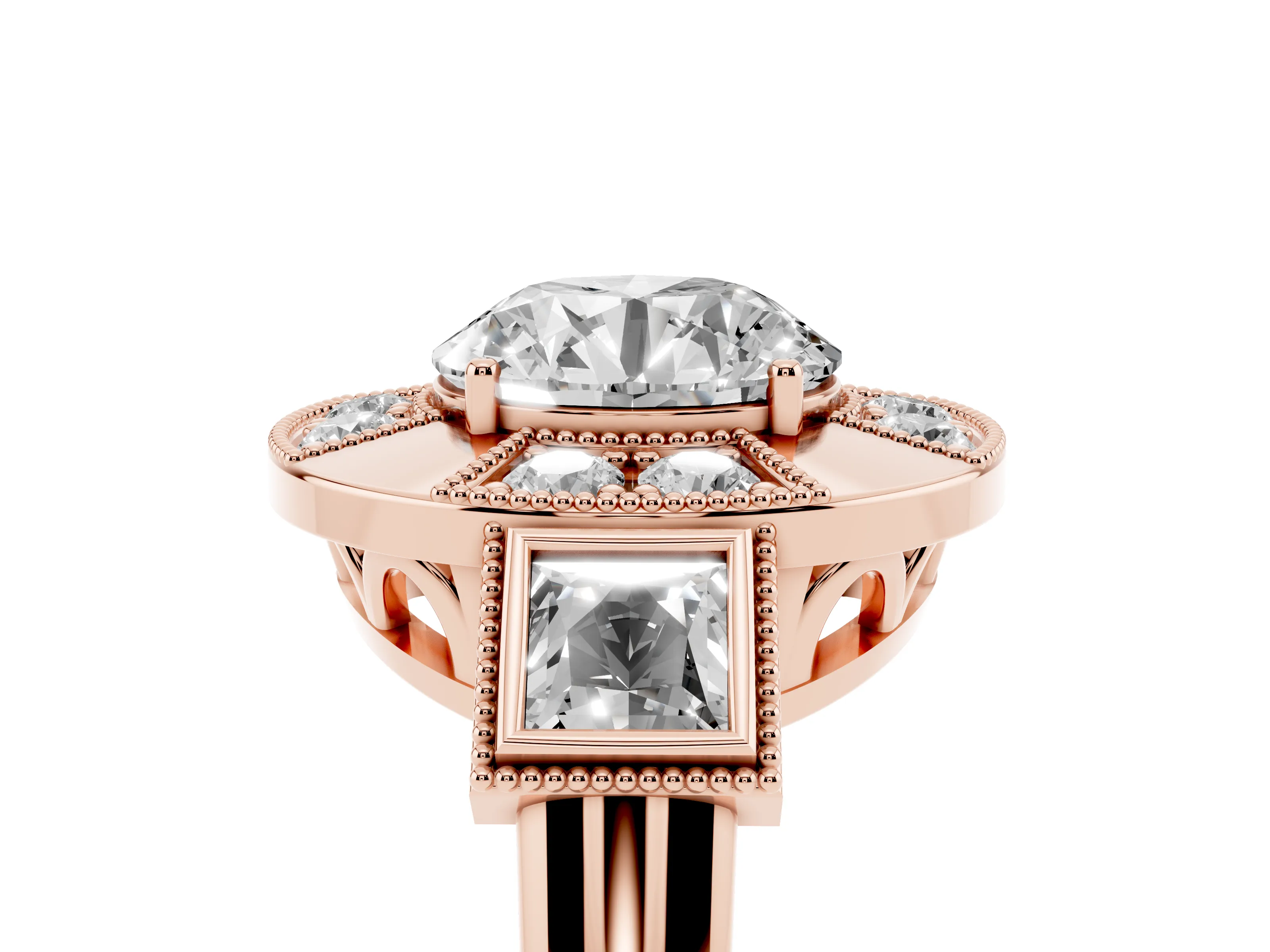 Round Cut Diamond Milgrain Halo Ring Set in Rose gold with Split Shank