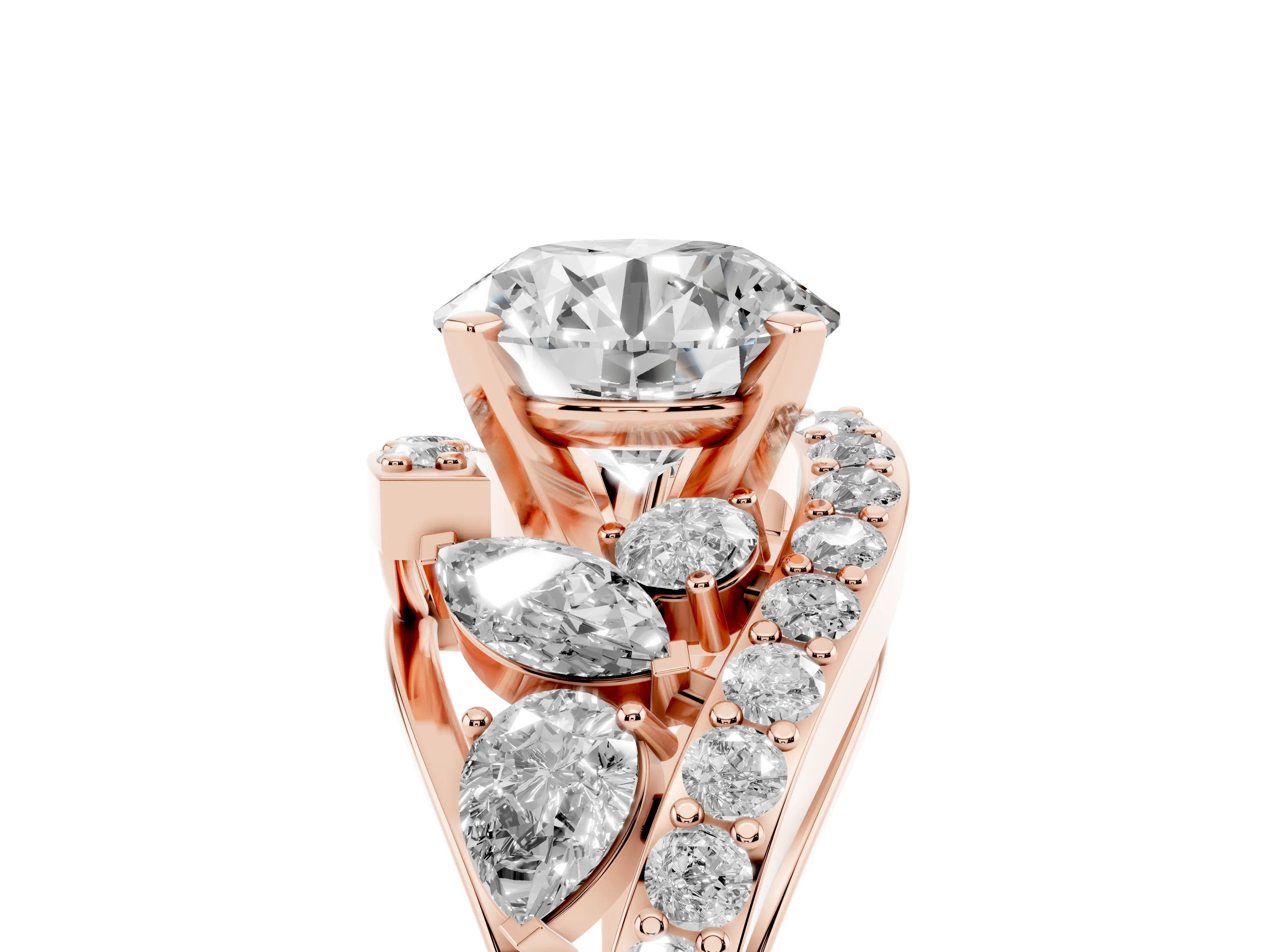 Round Cut Diamond Halo Ring Set in Rose gold with Marquise and Pavé Band in Prong Setting