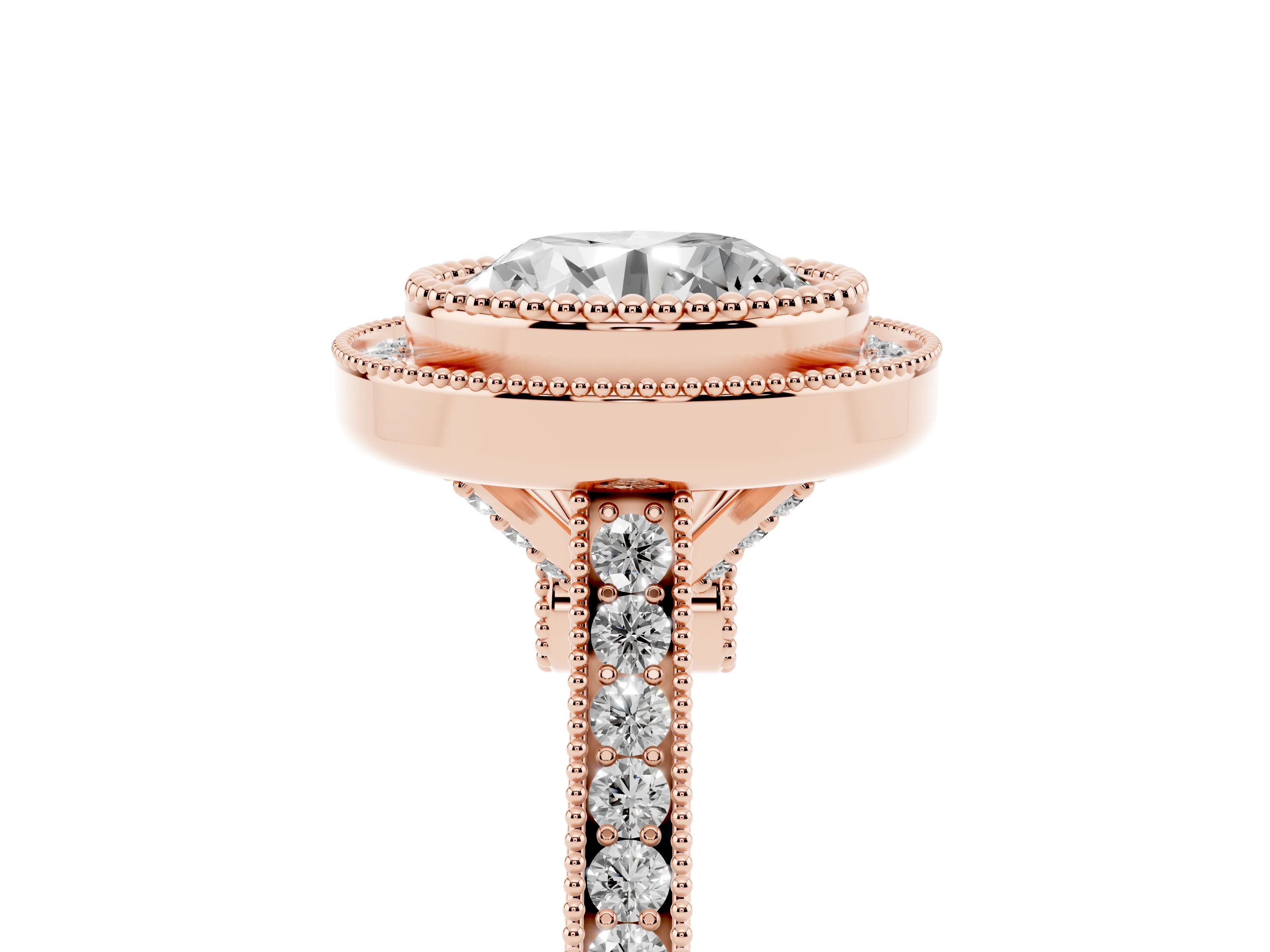 Round Cut Diamond Halo Ring Set in Rose gold with Milgrain Frame and Pavé Band