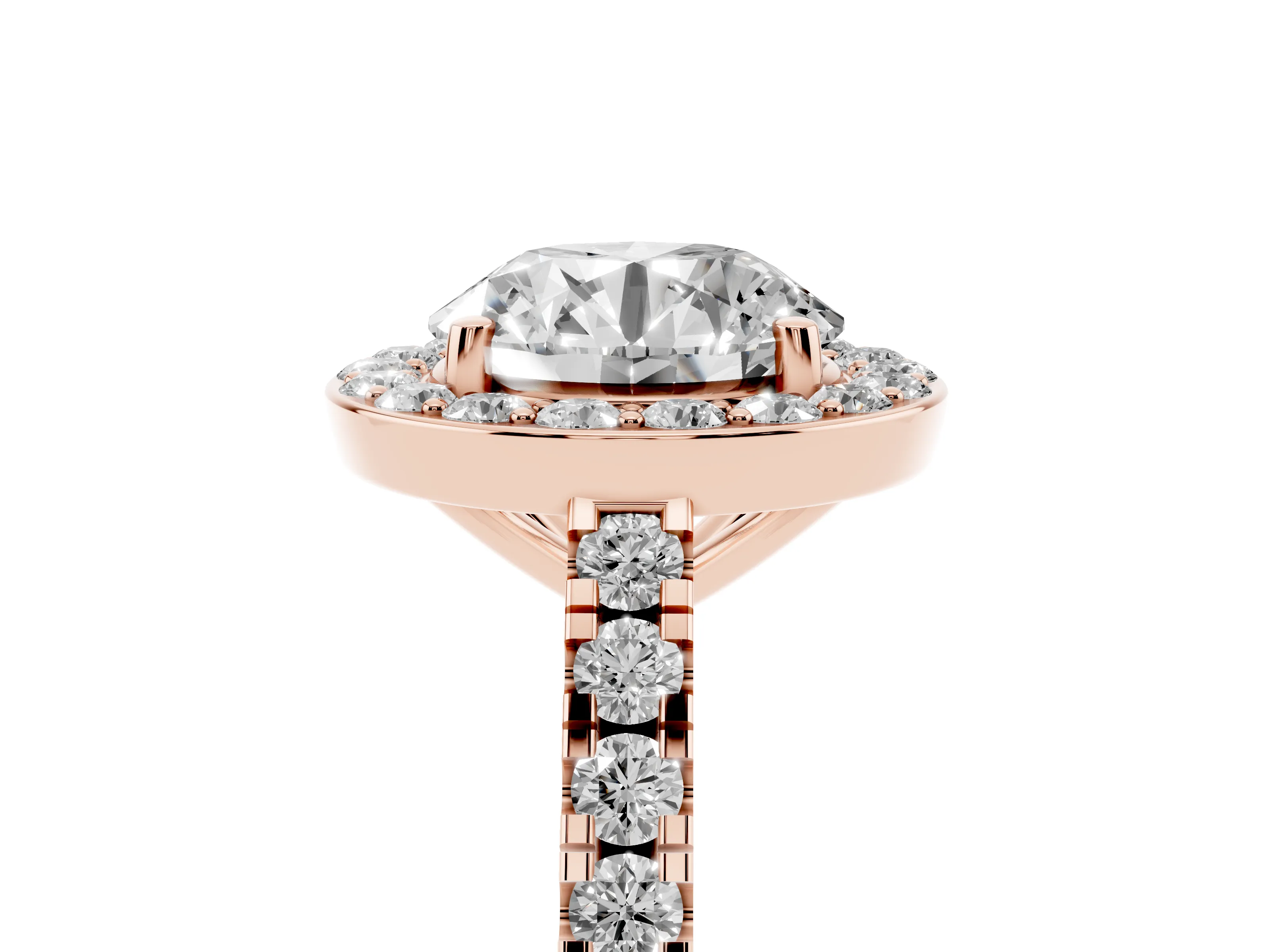 Round Cut Diamond Halo Ring Set in Rose gold with Round Pavé Split Shank and Prong Setting