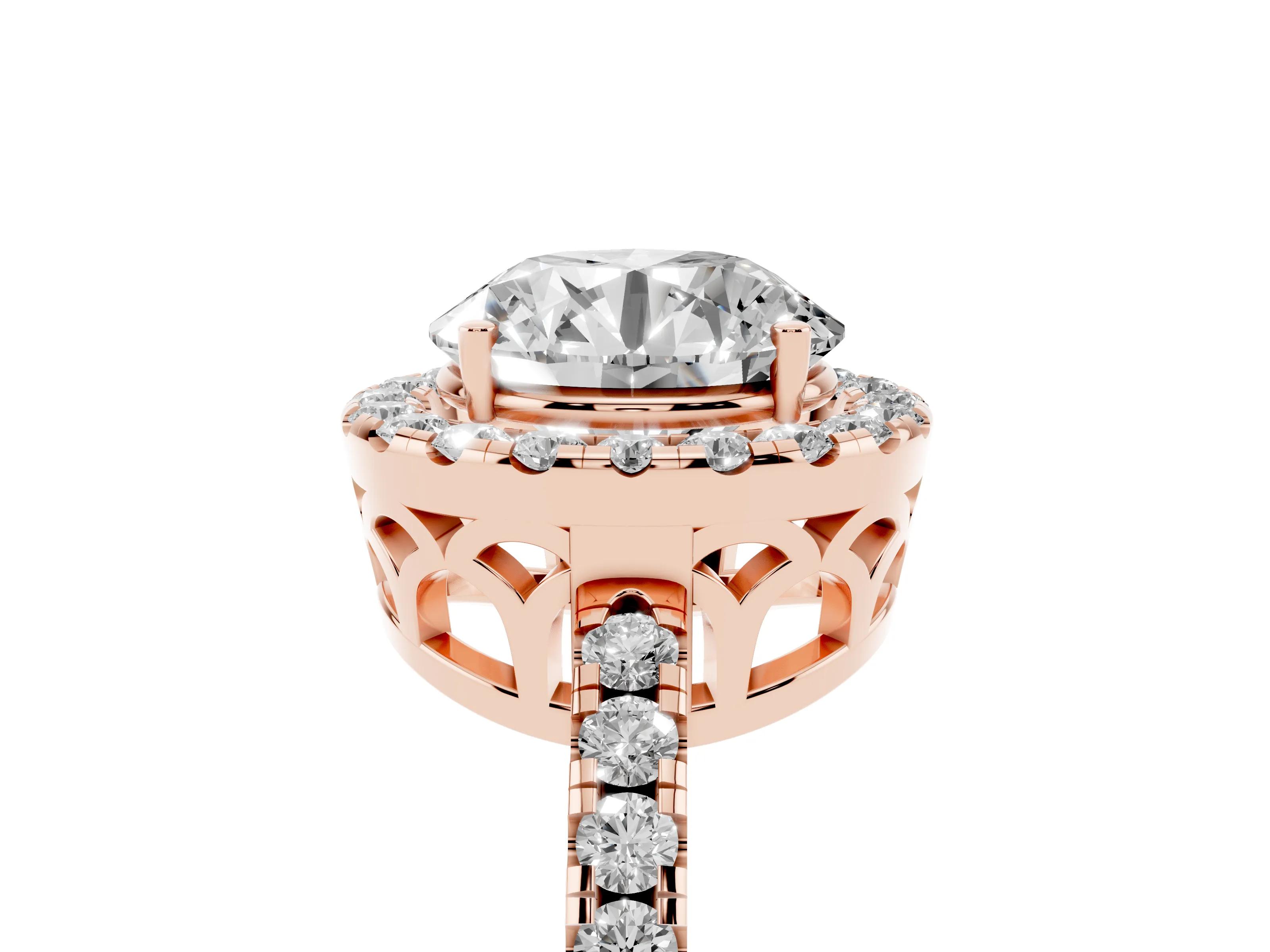 Round Cut Diamond Pavé Band Halo Engagement Ring Set in Rose gold with Prong Setting
