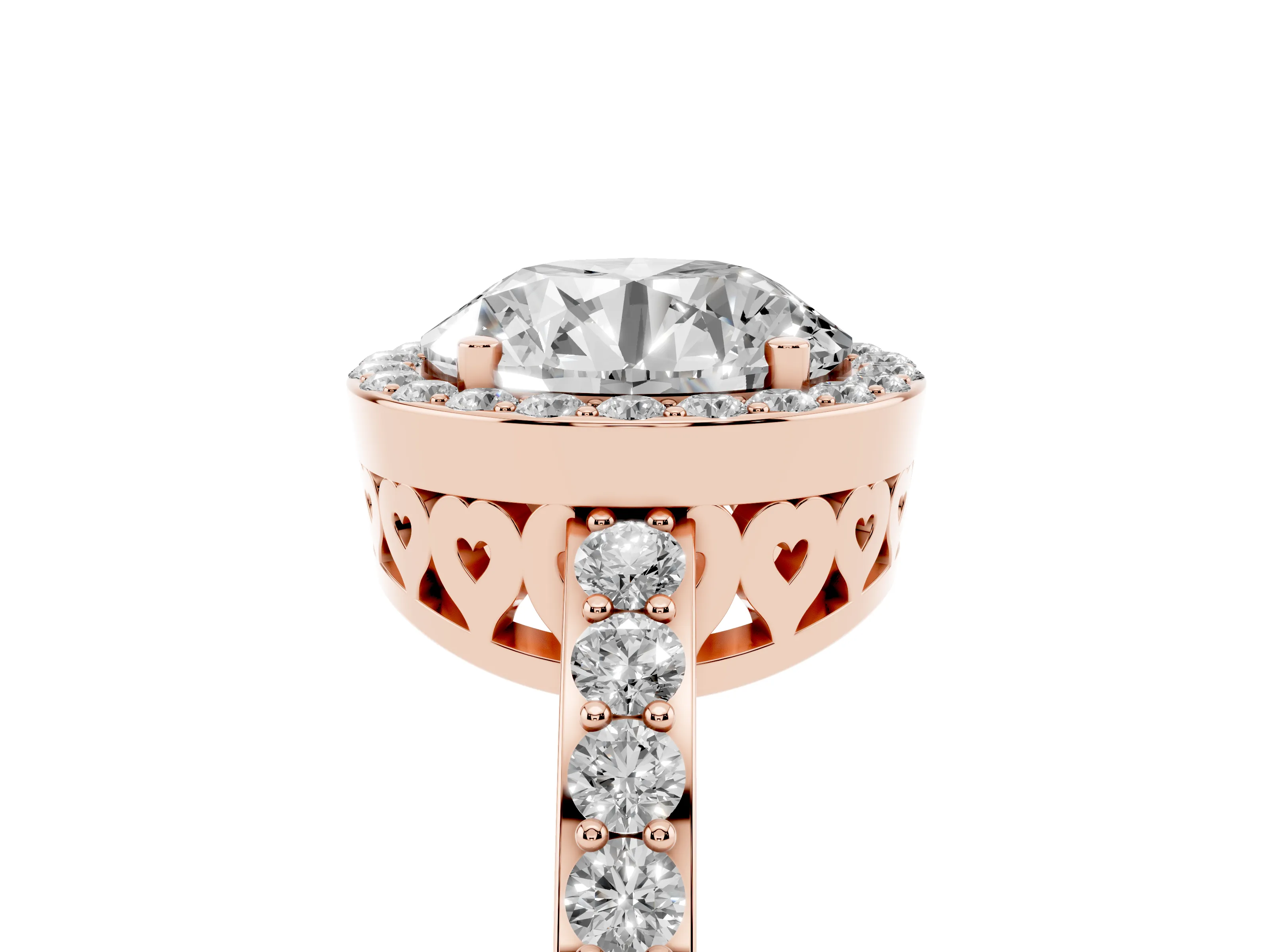 Round Cut Diamond Halo Ring Set in Rose gold with Pavé-Setting Band and Open Prong Center