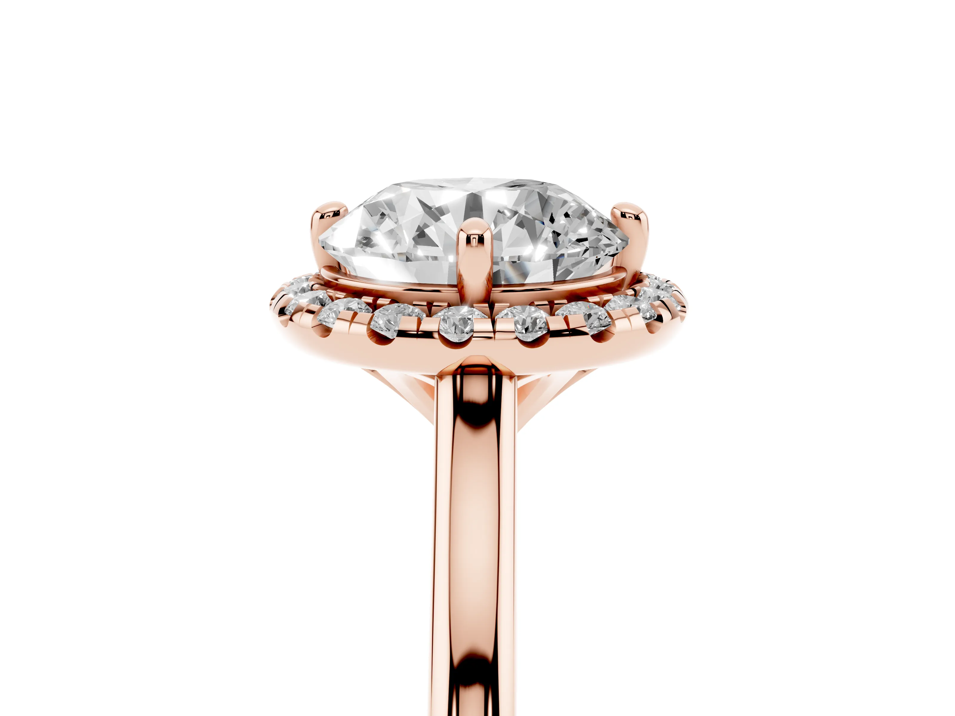 Round Cut Diamond Halo Engagement Ring Set in Rose gold with Pavé Band and Rising Shoulders