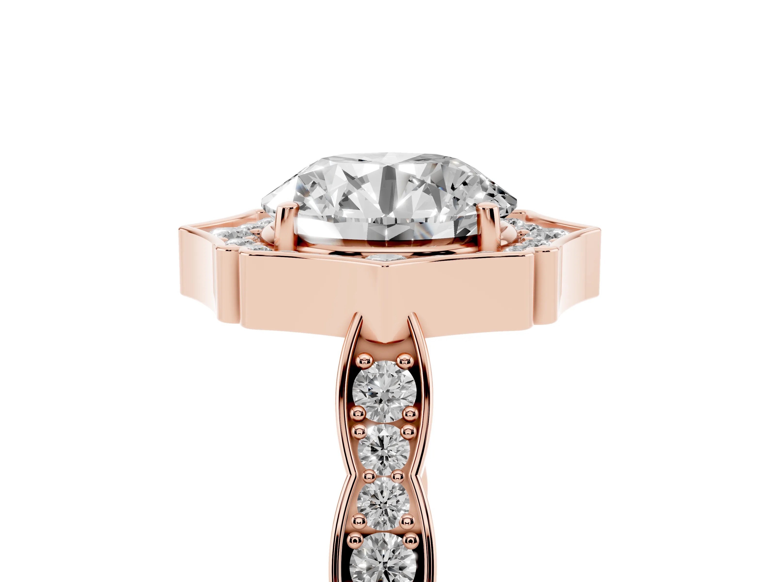 Round Cut Diamond Halo Engagement Ring Set in Rose gold with Milgrain Band and Prong Setting