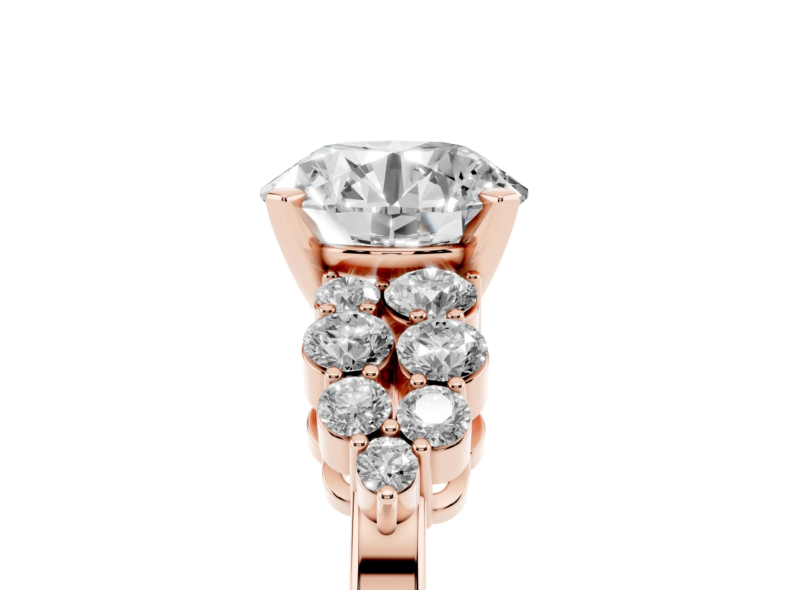Round Cut Diamond Cluster Engagement Ring Set in Rose gold with Pavé Band and Prong Setting