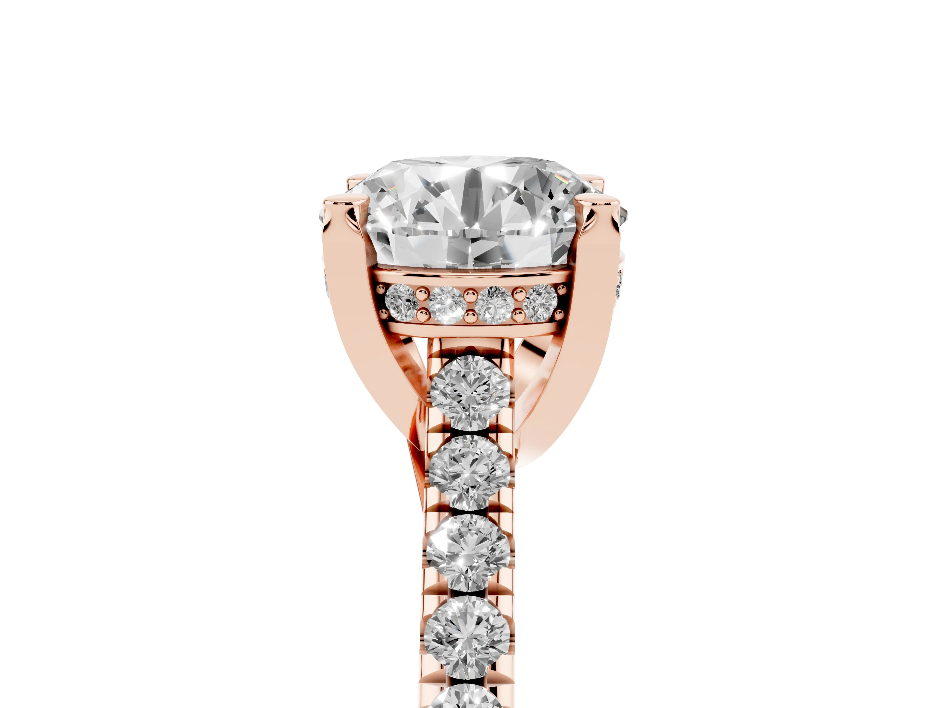 Round Cut Diamond Solitaire Ring Set in Rose gold with Brilliant Pavé Band and Prong Setting