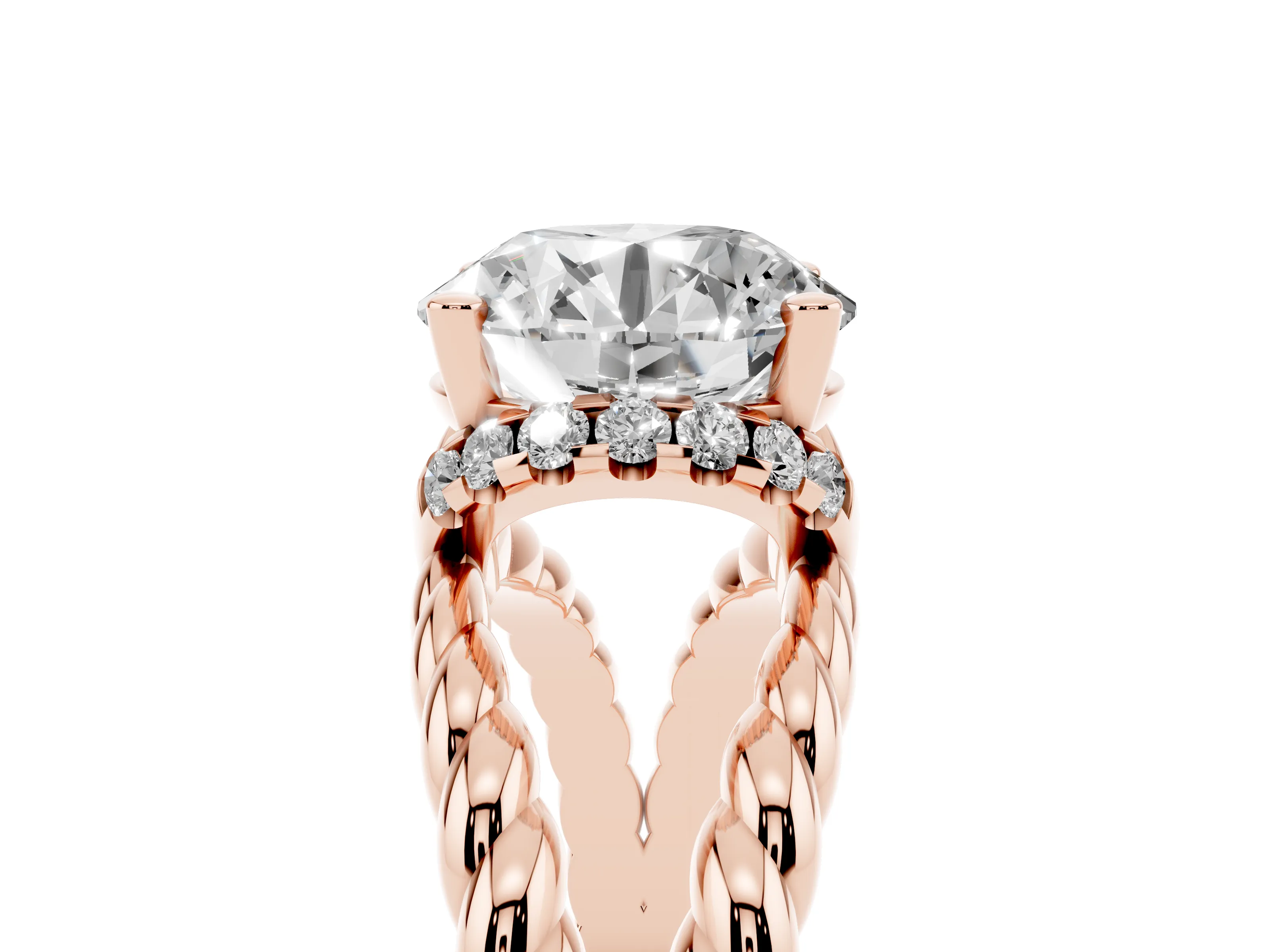 Round Cut Diamond Halo Ring Set in Rose gold with Twisted Band and Prong Setting