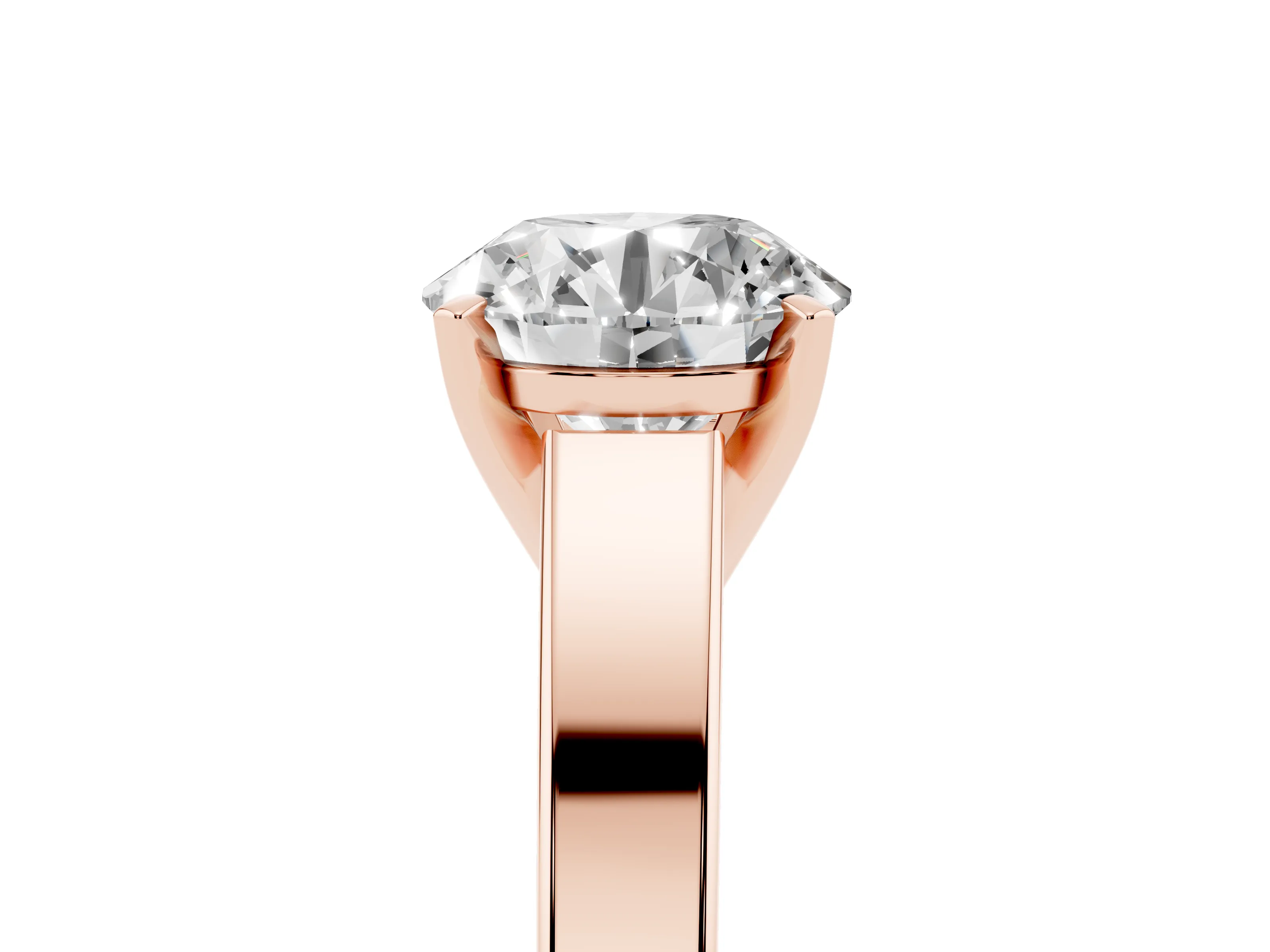 Round Cut Diamond Solitaire Engagement Ring Set in Rose gold with Prong Setting and Tapered Band