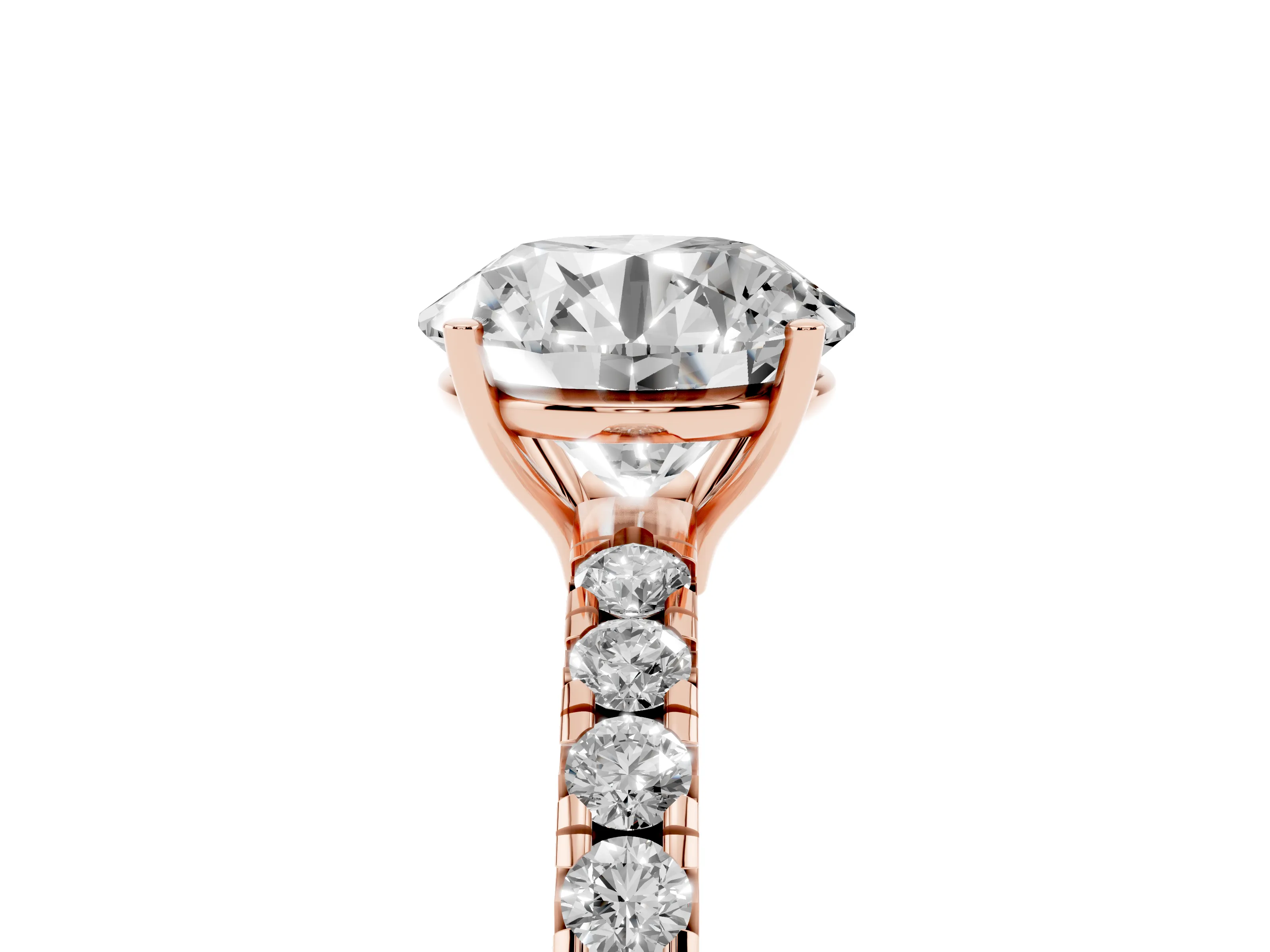 Round Cut Diamond Pavé Solitaire Engagement Ring Set in Rose gold with Prong Setting