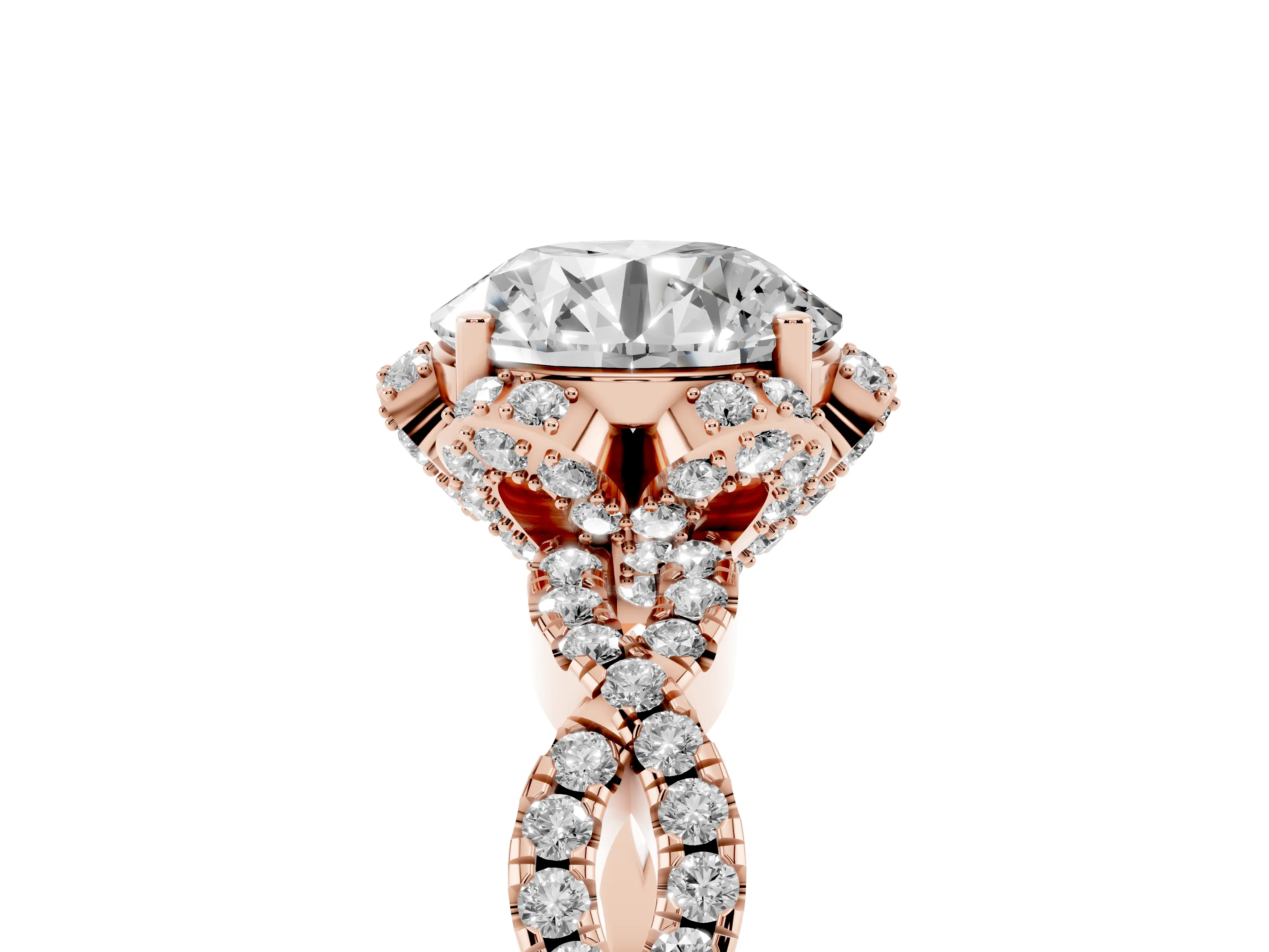 Round Cut Diamond Halo Twist Band Solitaire Ring Set in Rose gold with Prong-Set Center Stone