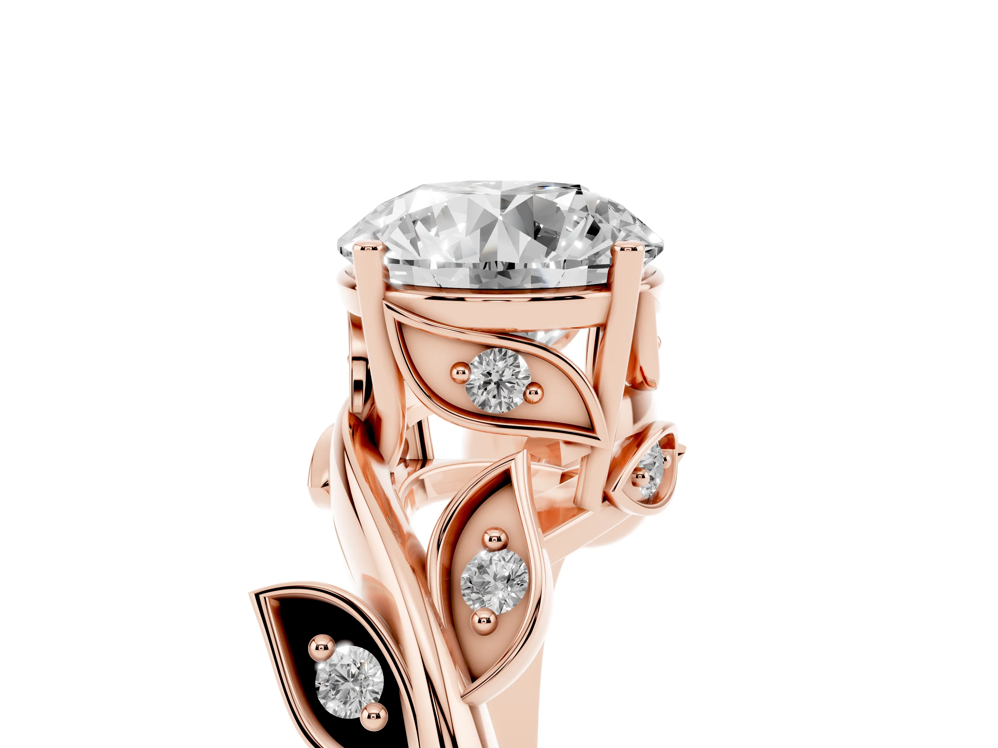Round Cut Diamond Solitaire Twist Engagement Ring Set in Rose gold with Pavé Leaf Accents