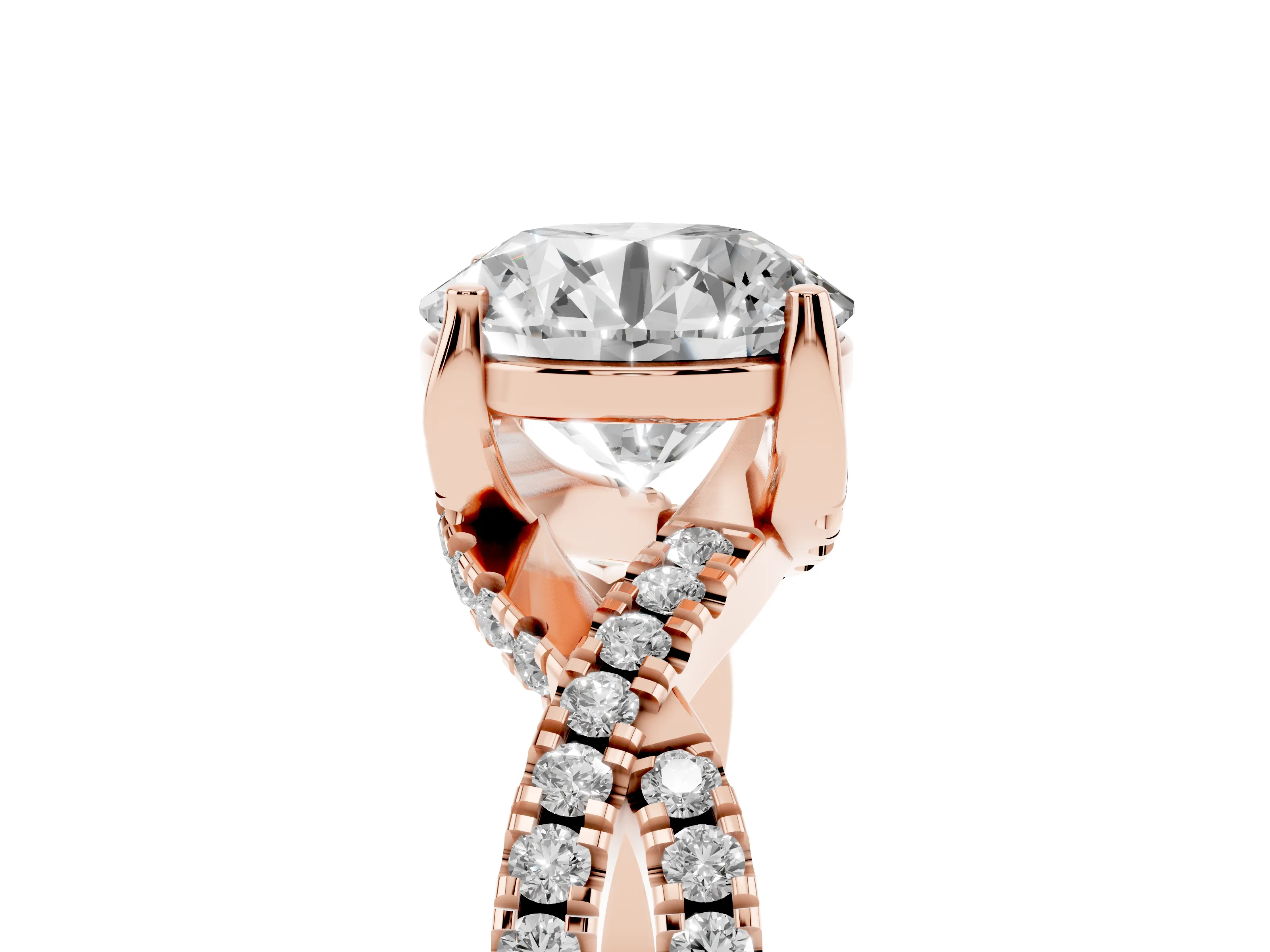 Round Cut Diamond Twist Pavé Solitaire Engagement Ring Set in Rose gold with Prong Setting