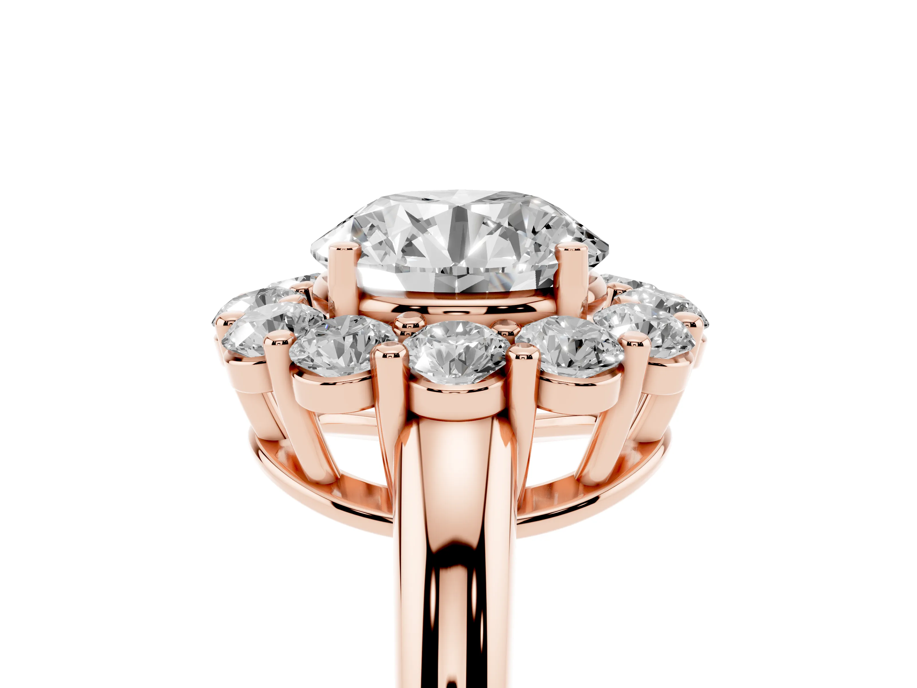 Round Cut Diamond Halo Cluster Engagement Ring Set in Rose gold with Polished Band and Prong Setting