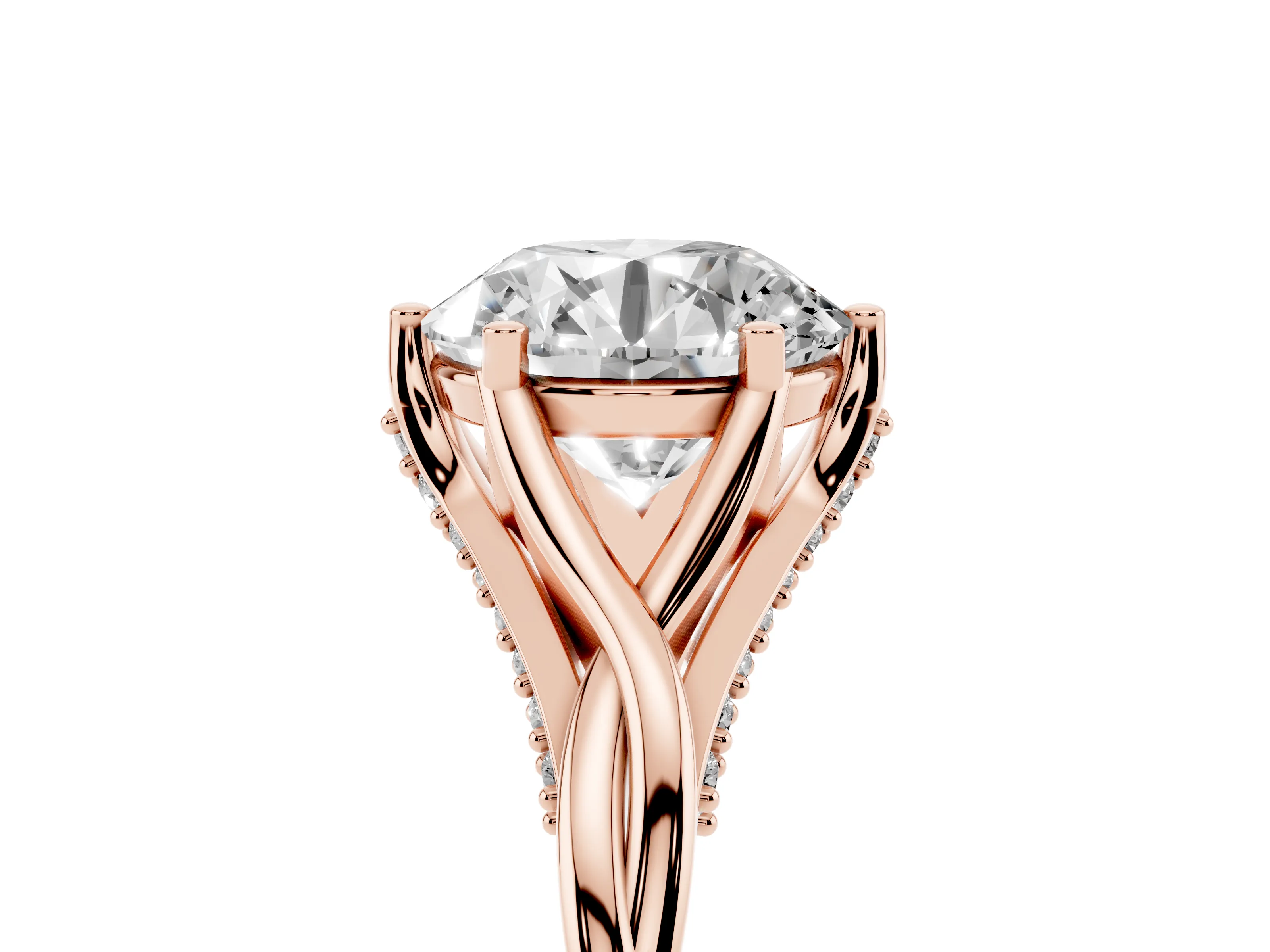 Round Cut Diamond Intertwined Twist Band Solitaire Ring Set in Rose gold with Prong Setting