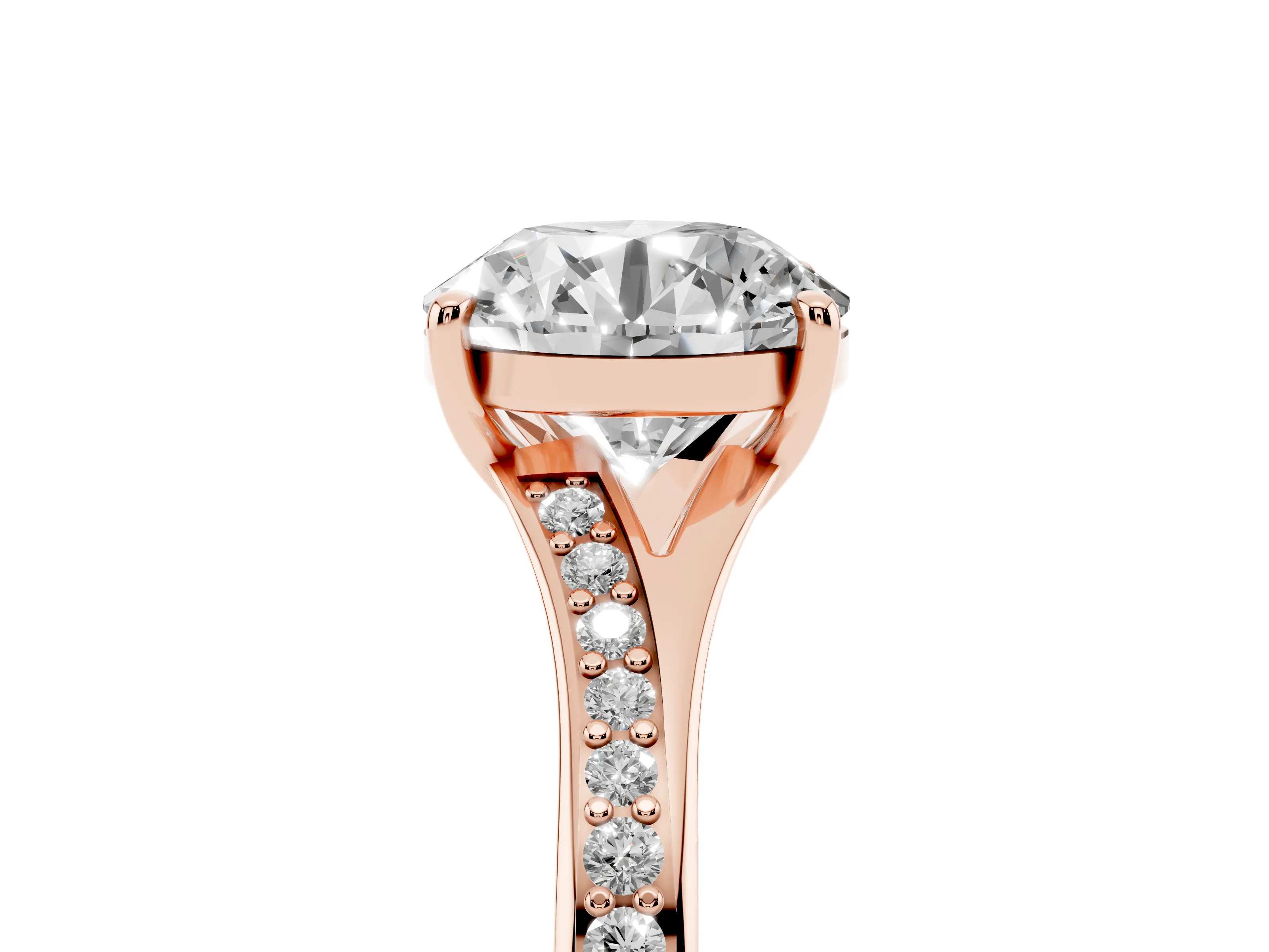 Round Cut Diamond Solitaire Ring Set in Rose gold with Pavé Accent Band and Classic Prong Setting