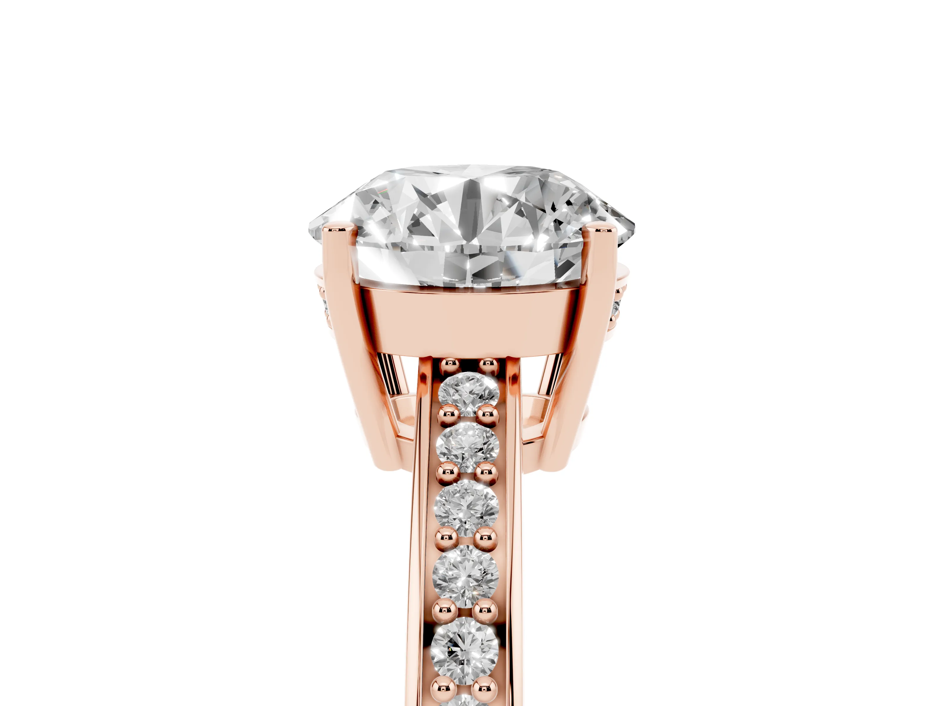 Round Cut Diamond Pavé Band Prong Set Solitaire Ring Set in Rose gold