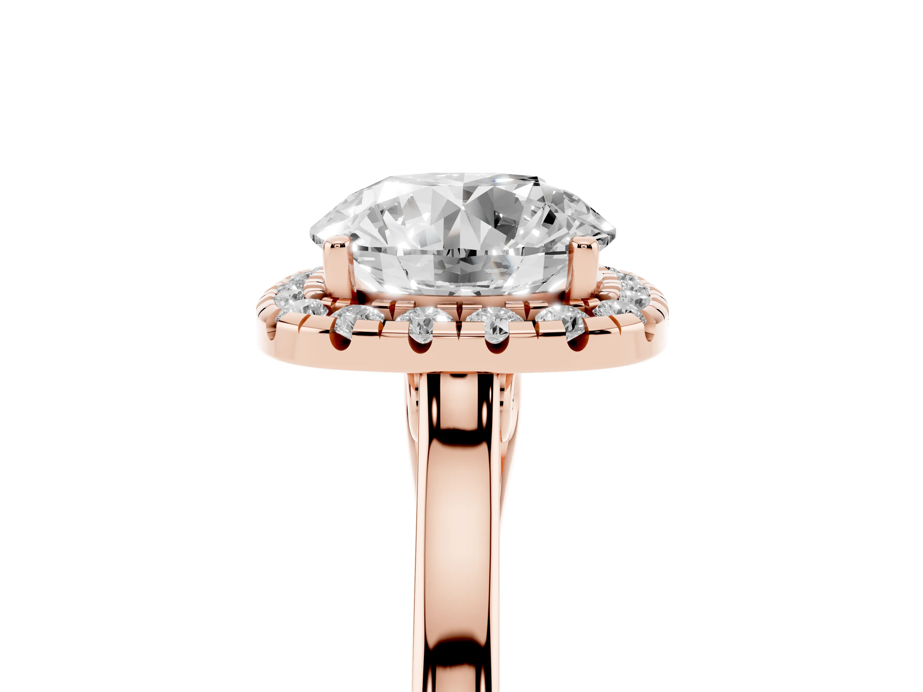 Round Cut Halo Round Diamond Solitaire Ring Set in Rose gold with Pavé Band and Prong Setting